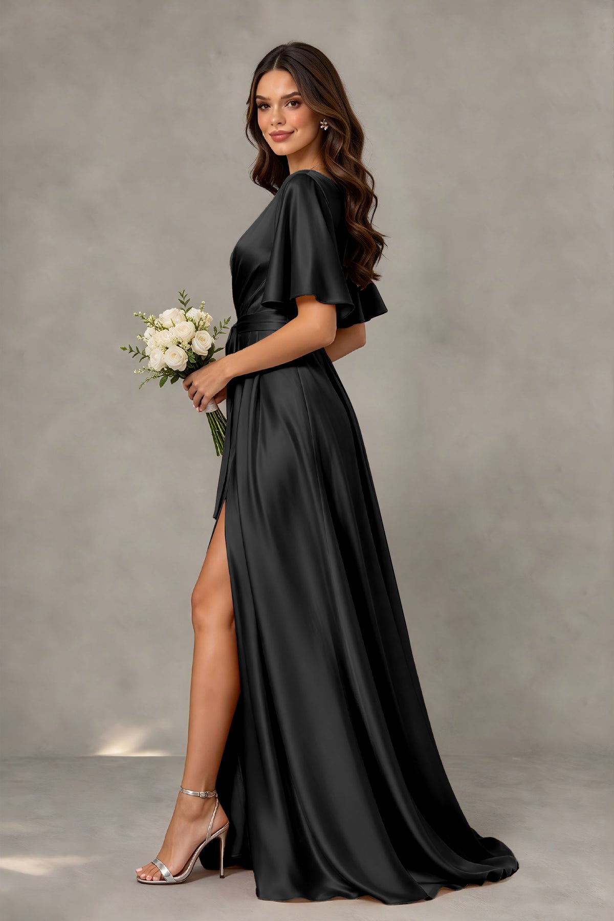 BOLODOO Black Satin V-Neck Flutter Sleeve Bridesmaid Dress with Slit - Black - Black(4)