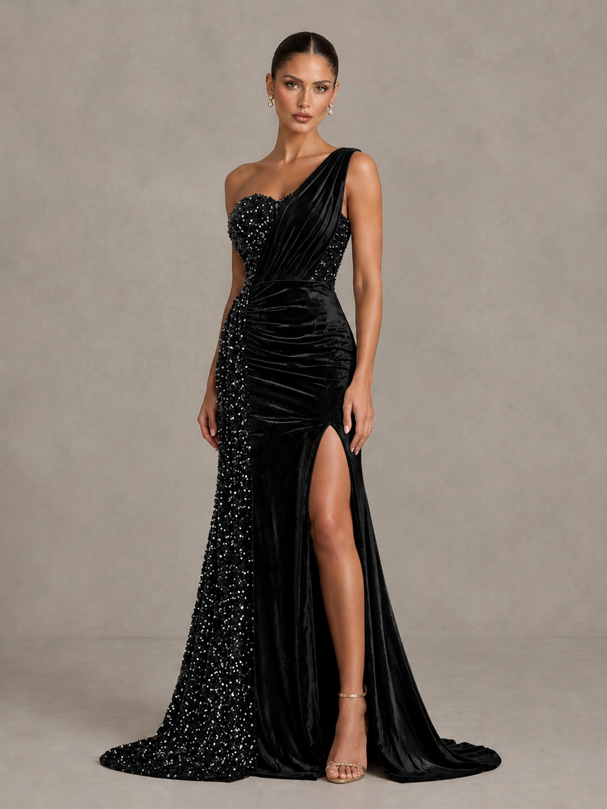 BOLODOO Black One-Shoulder Satin Sequin Gown with High Slit - Black - Black_4