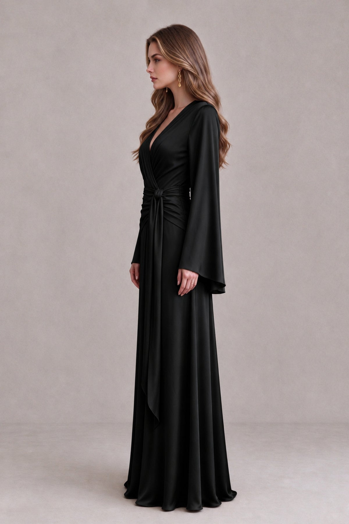 BOLODOO Black Yellow Satin-Look V-Neck Long Bell Sleeve Evening Dress - Black - Black_4
