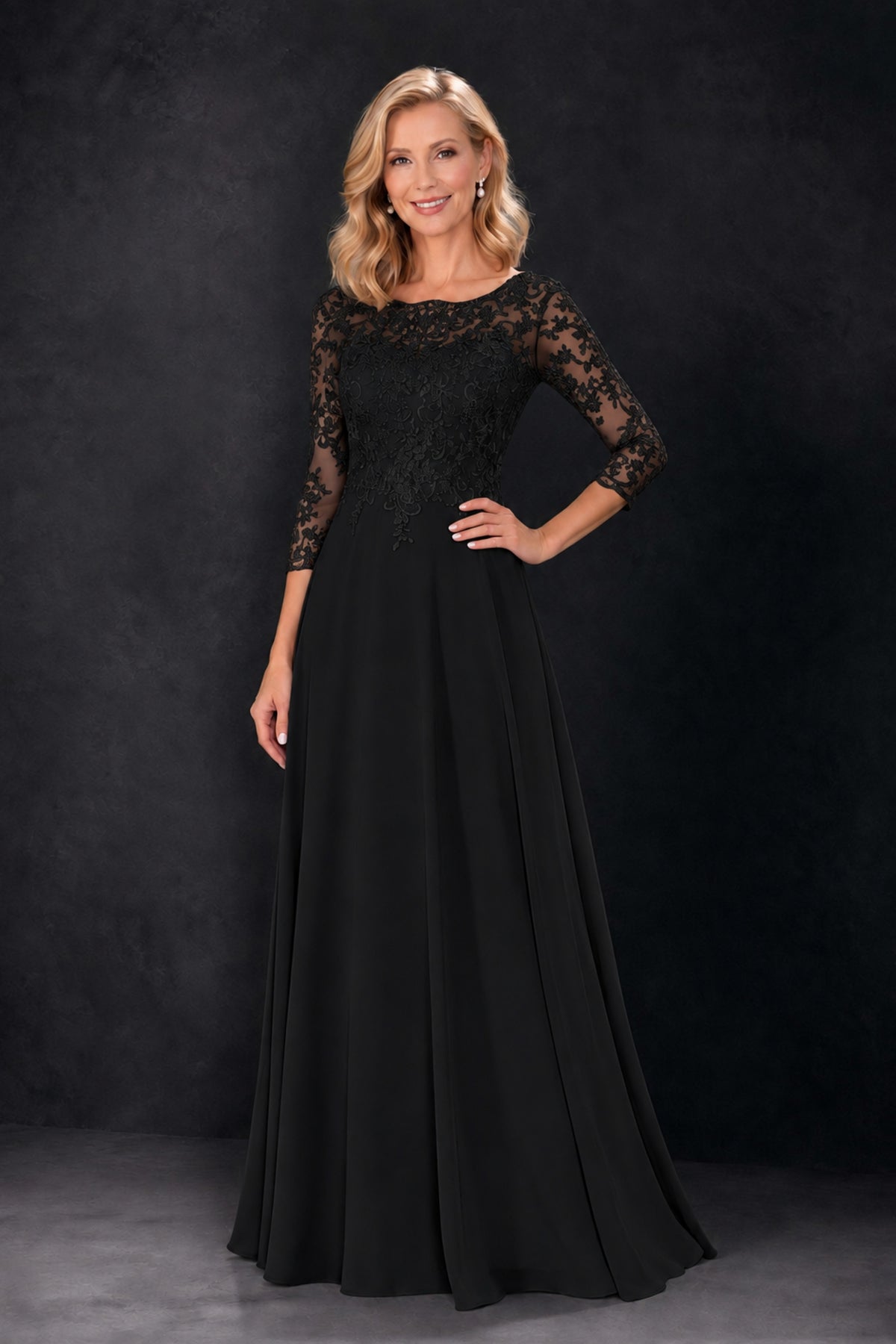 BOLODOO Black Lace Embroidered Mother of the Bride Dress with 3/4 Sleeves - Black