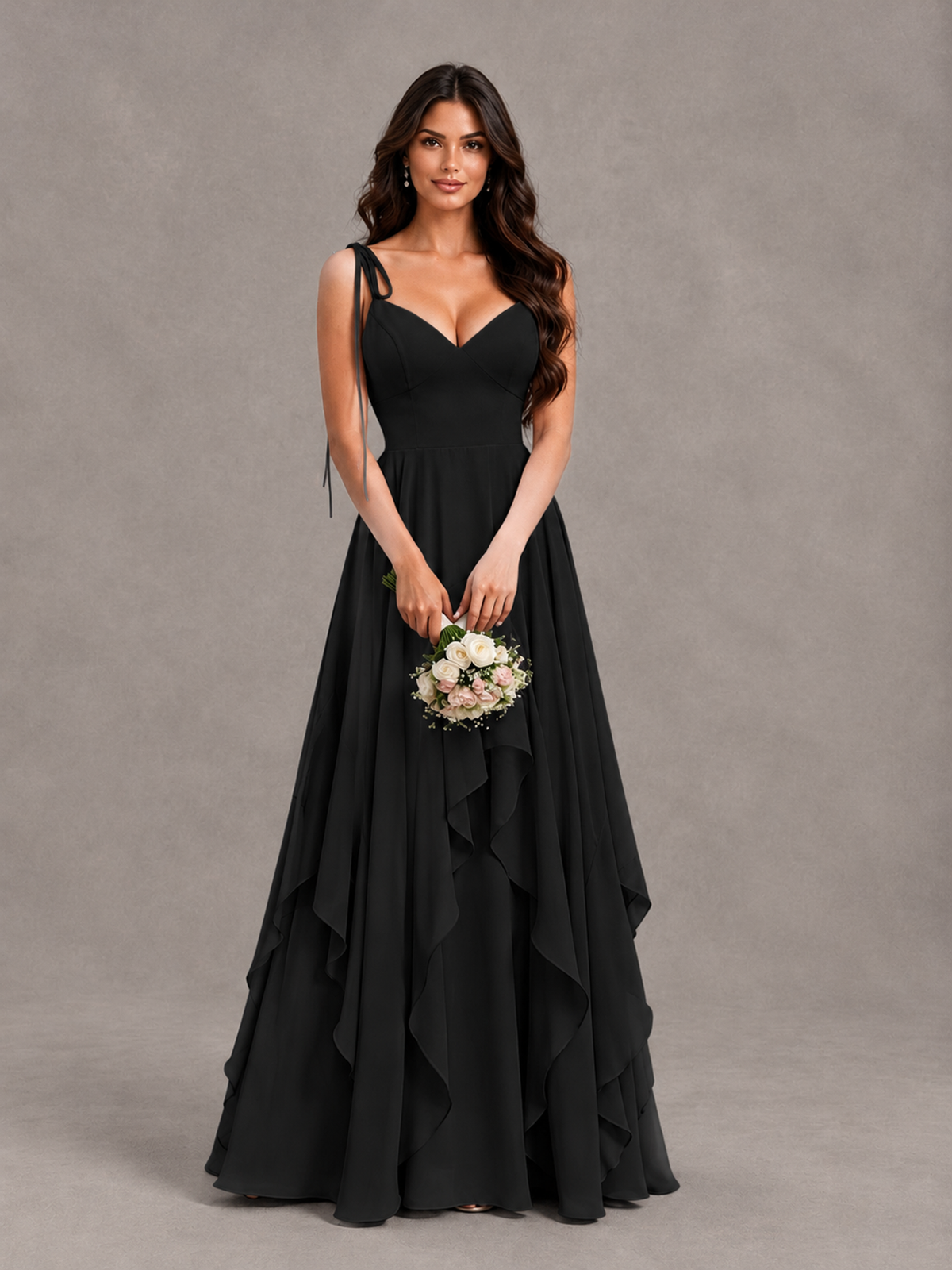 BOLODOO Black Tie-Strap Ruffle A-Line Bridesmaid Dress - Black - Black_4