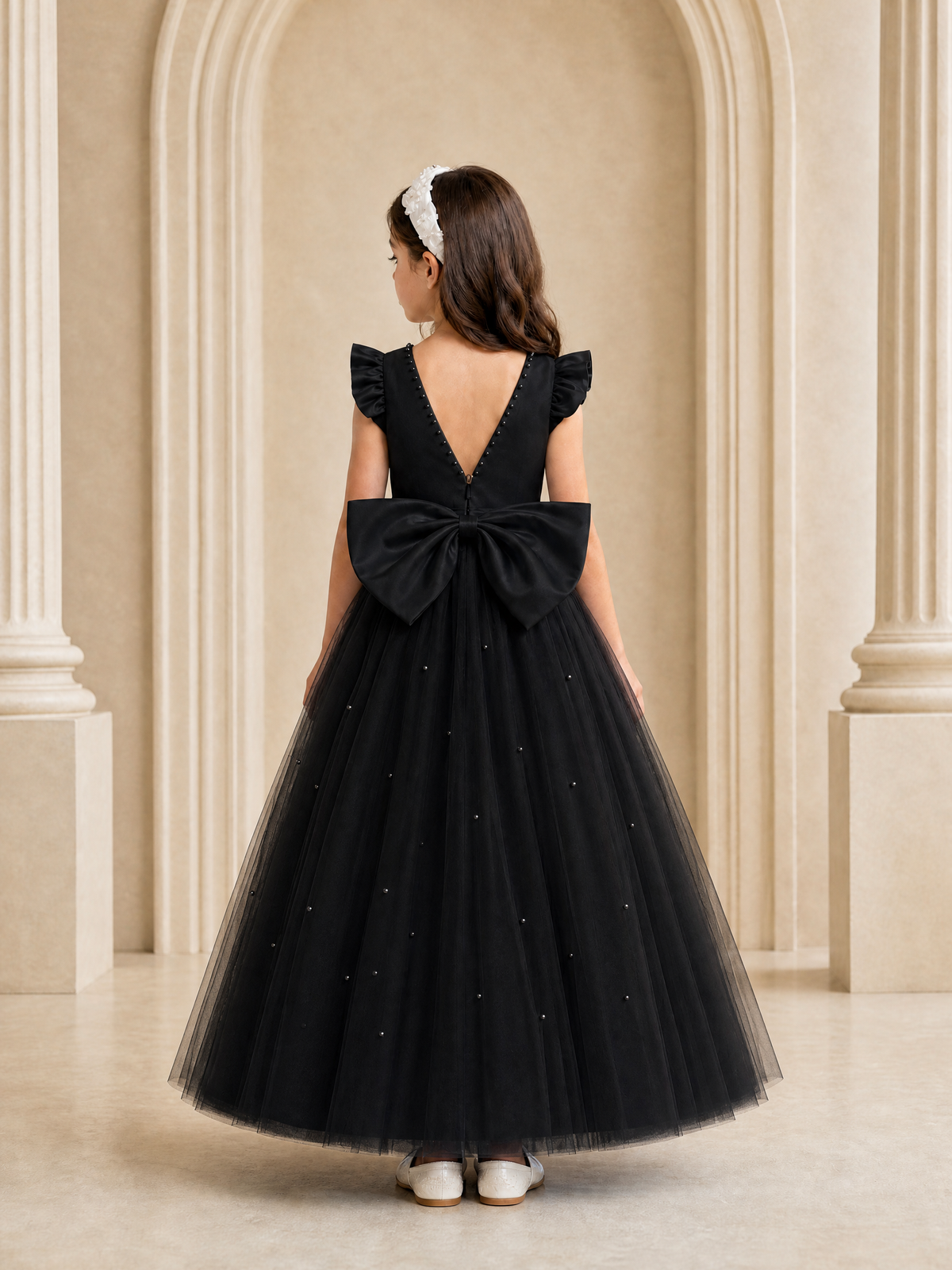 BOLODOO Black Tulle Flower Girl Dress with Ruffle Sleeves & Bow Back - Black - Black_4