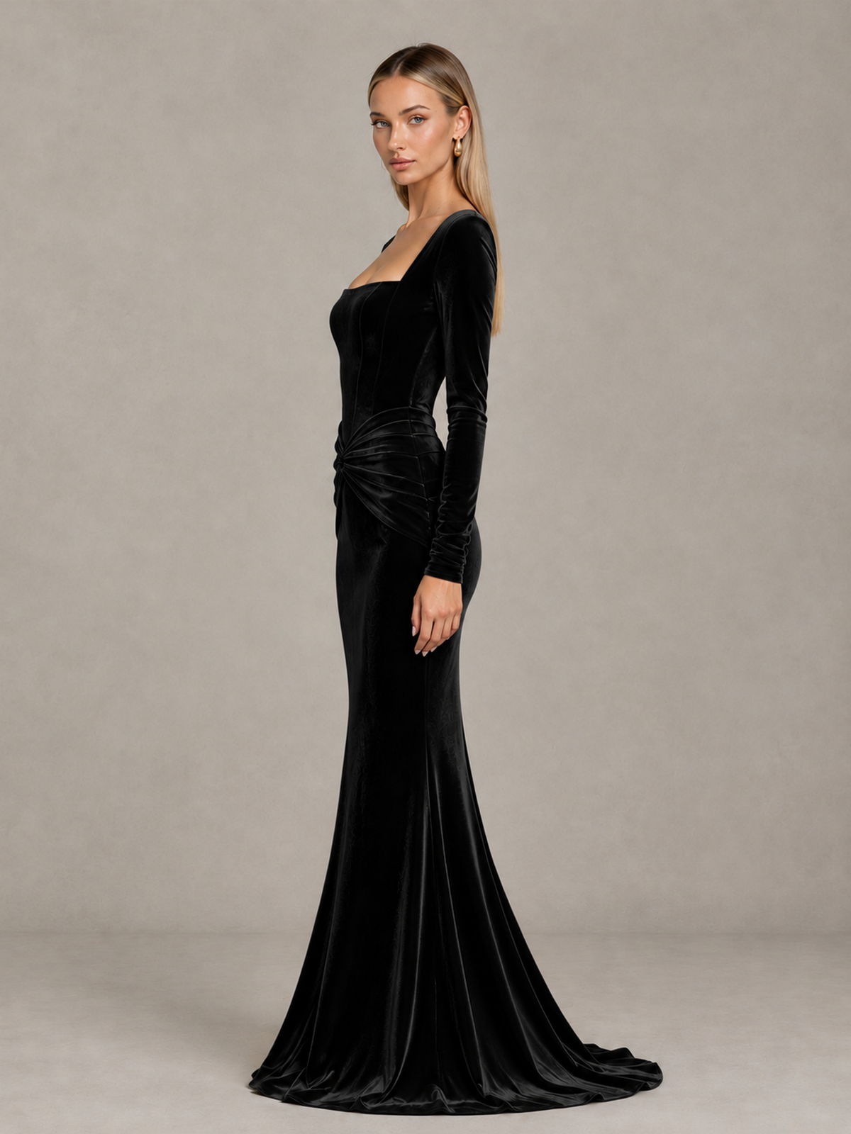 BOLODOO Black Velvet-Look Square Neck Long Sleeve Mermaid Evening Dress - Black - Black_4