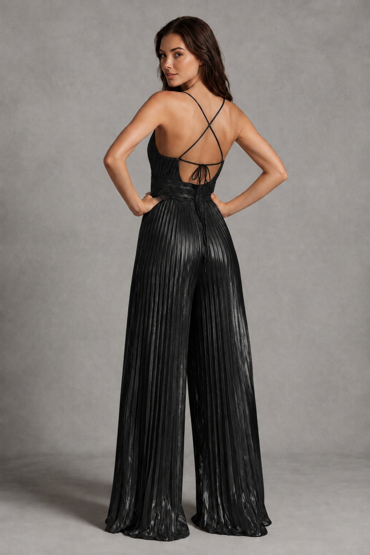 BOLODOO Black Pleated Wide-Leg Jumpsuit with Open Back - Black