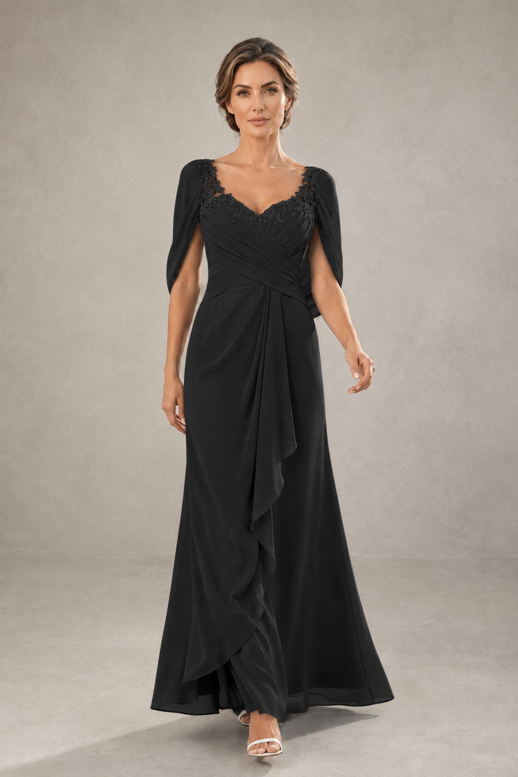 BOLODOO Black Chiffon V-Neck Lace Applique Cape Sleeve Cascade Ruffle Lace-Up Back Sheath Maxi Evening Dress - Black