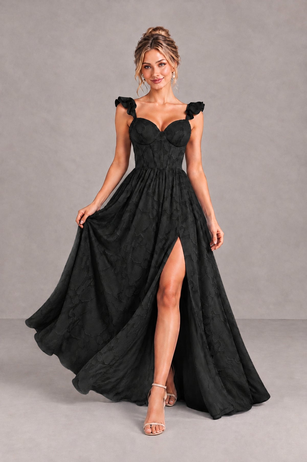 BOLODOO Black Floral A-Line Bridesmaid Dress with Slit Ruffle Straps Maxi Gown - Black - Black_4