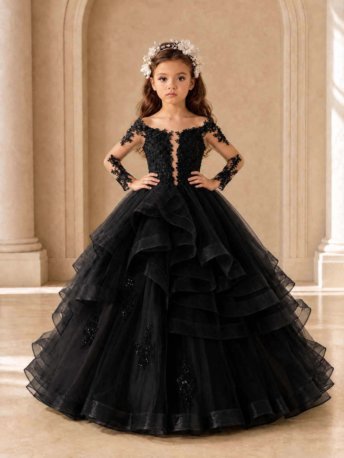 BOLODOO Black Lace Long Sleeve Tiered Flower Girl Dress - Black - Black_4