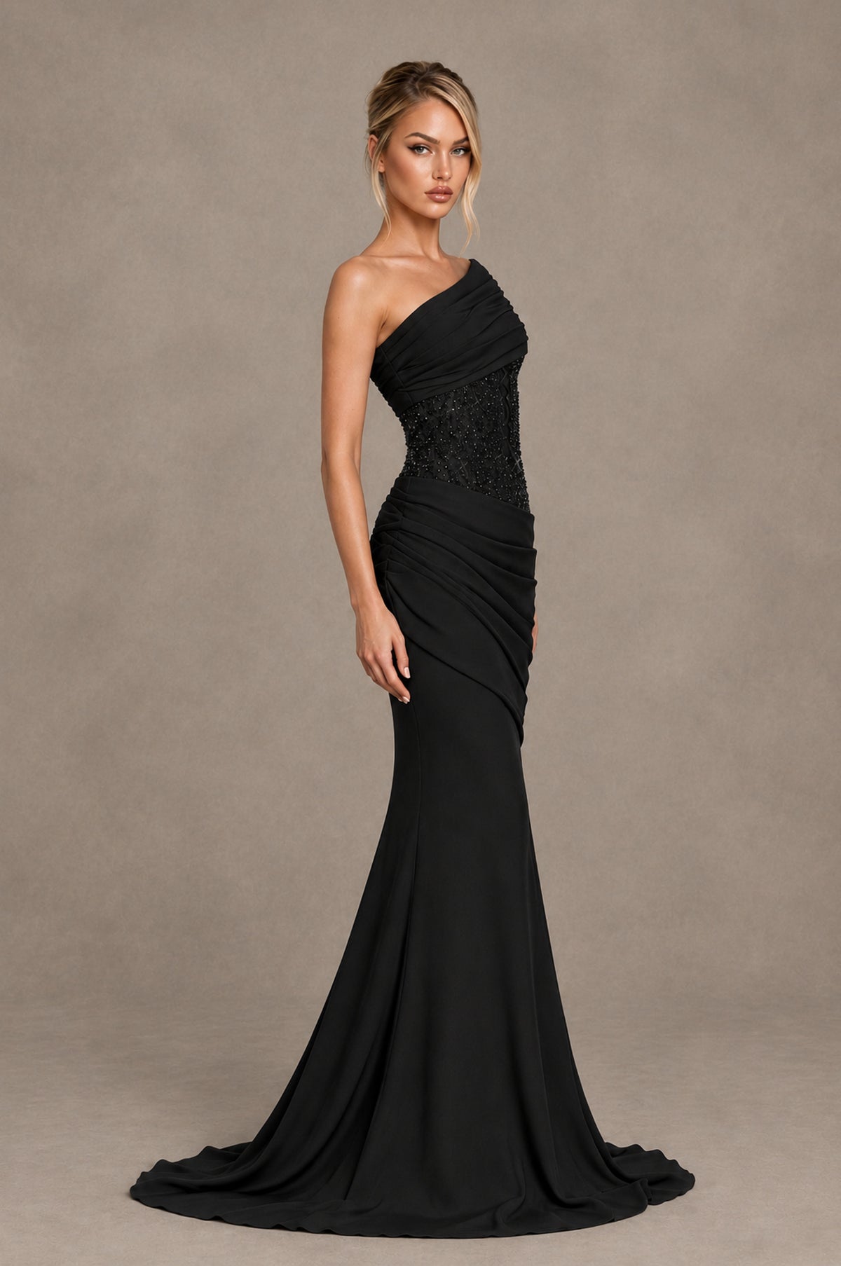 BOLODOO Black One-Shoulder Sequin Embroidered Ruched Mermaid Gown with Train - Black - Black_4