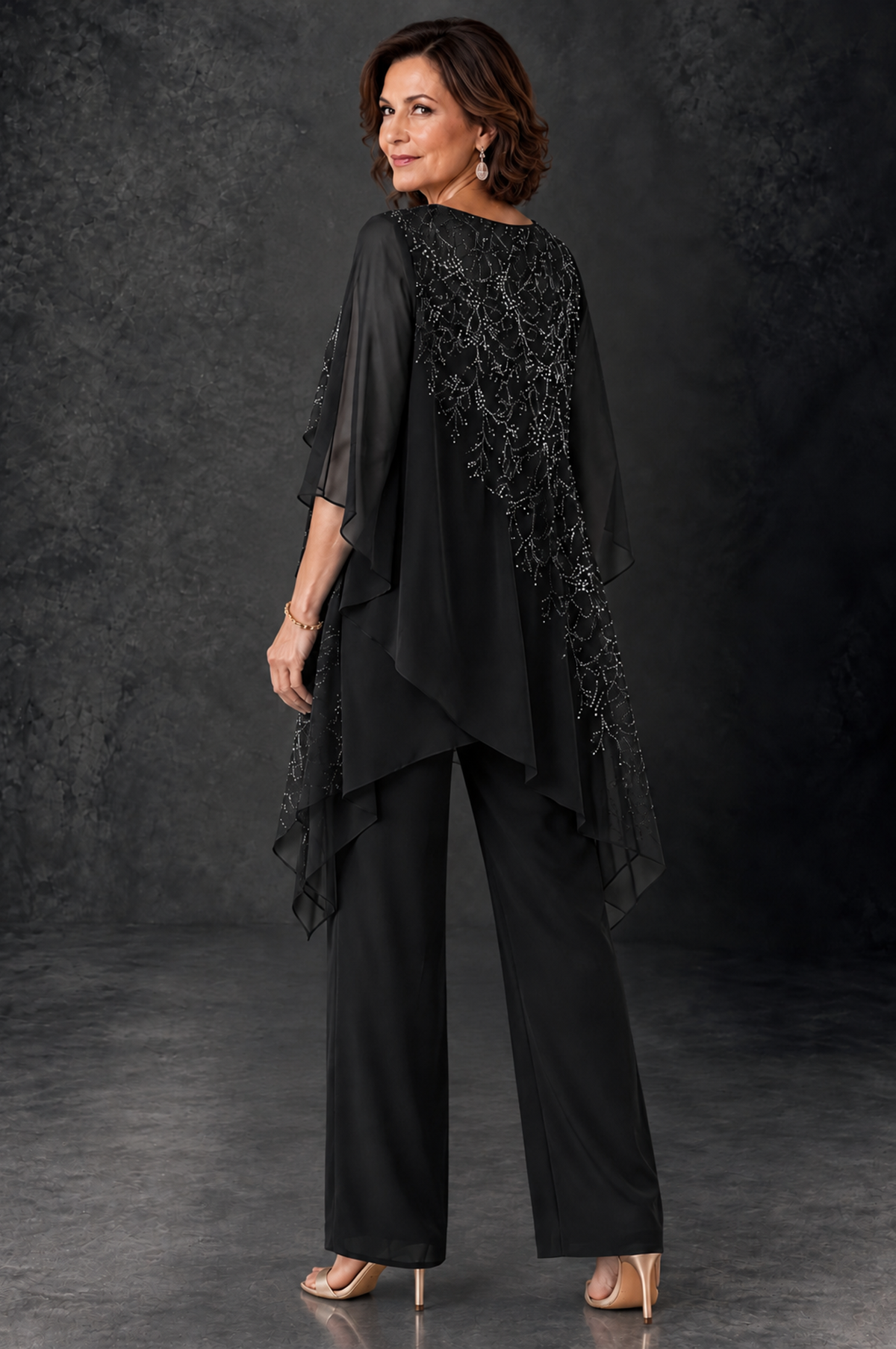 BOLODOO Black Embellished Cape Pant Suit for Mother of the Bride - Black - Black_4