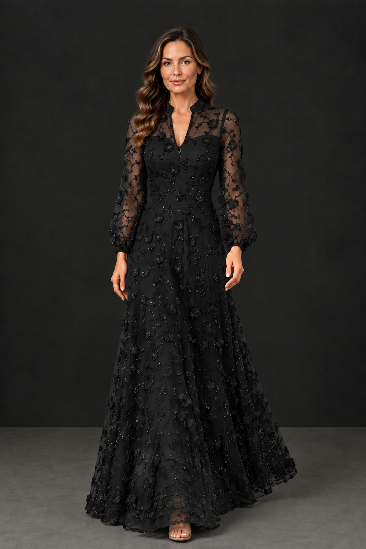 BOLODOO Black Long Sleeve Floral Mother of the Bride Dress - Black - Black_4