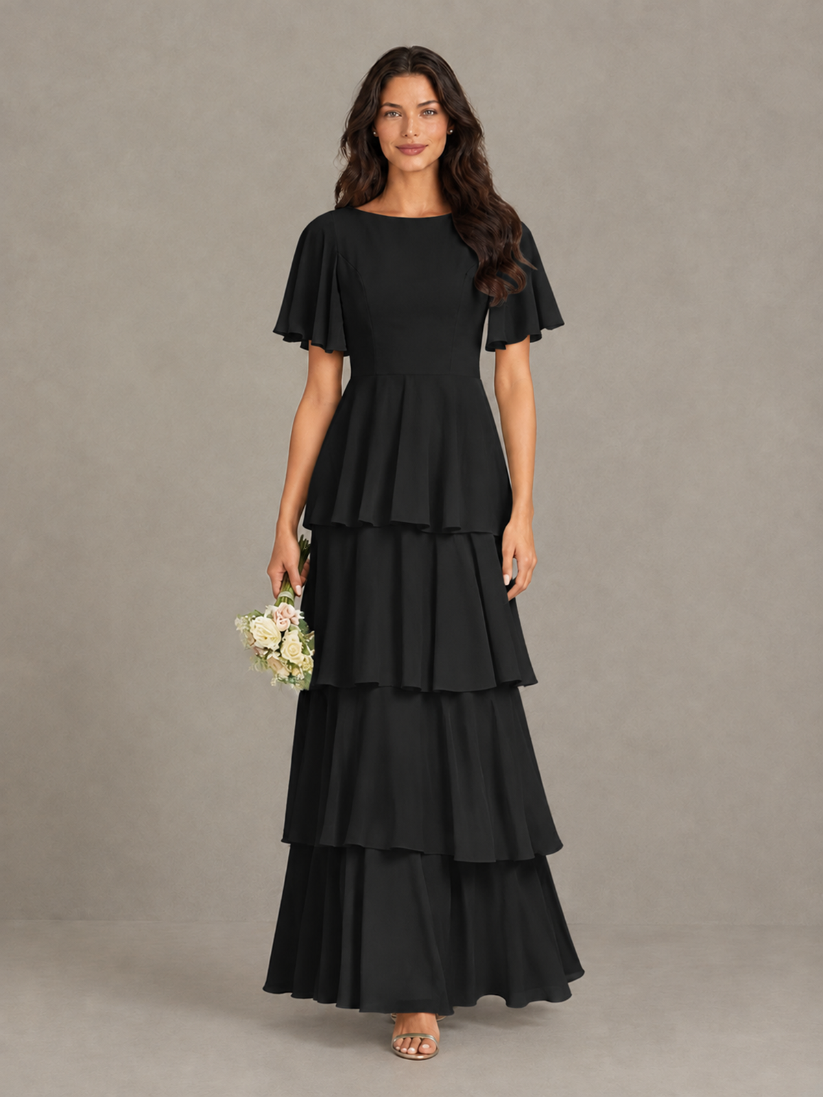 BOLODOO Black Tiered Flutter Sleeve Bridesmaid Dress - Black - Black_4