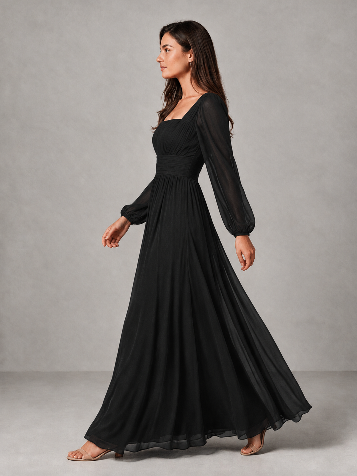 BOLODOO Black Square Neck Long Sleeve Chiffon Bridesmaid Dress - Black - Black_4