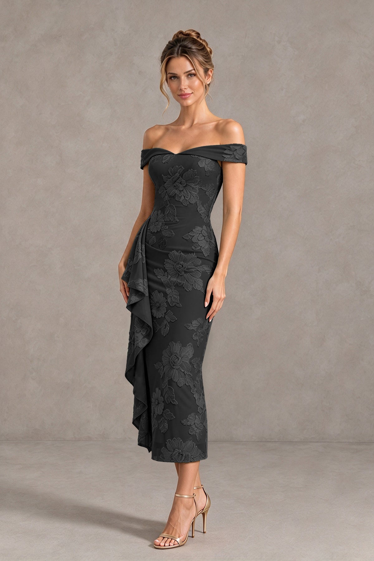 BOLODOO Black Off Shoulder Floral Jacquard Midi Dress - Black - Black(4)