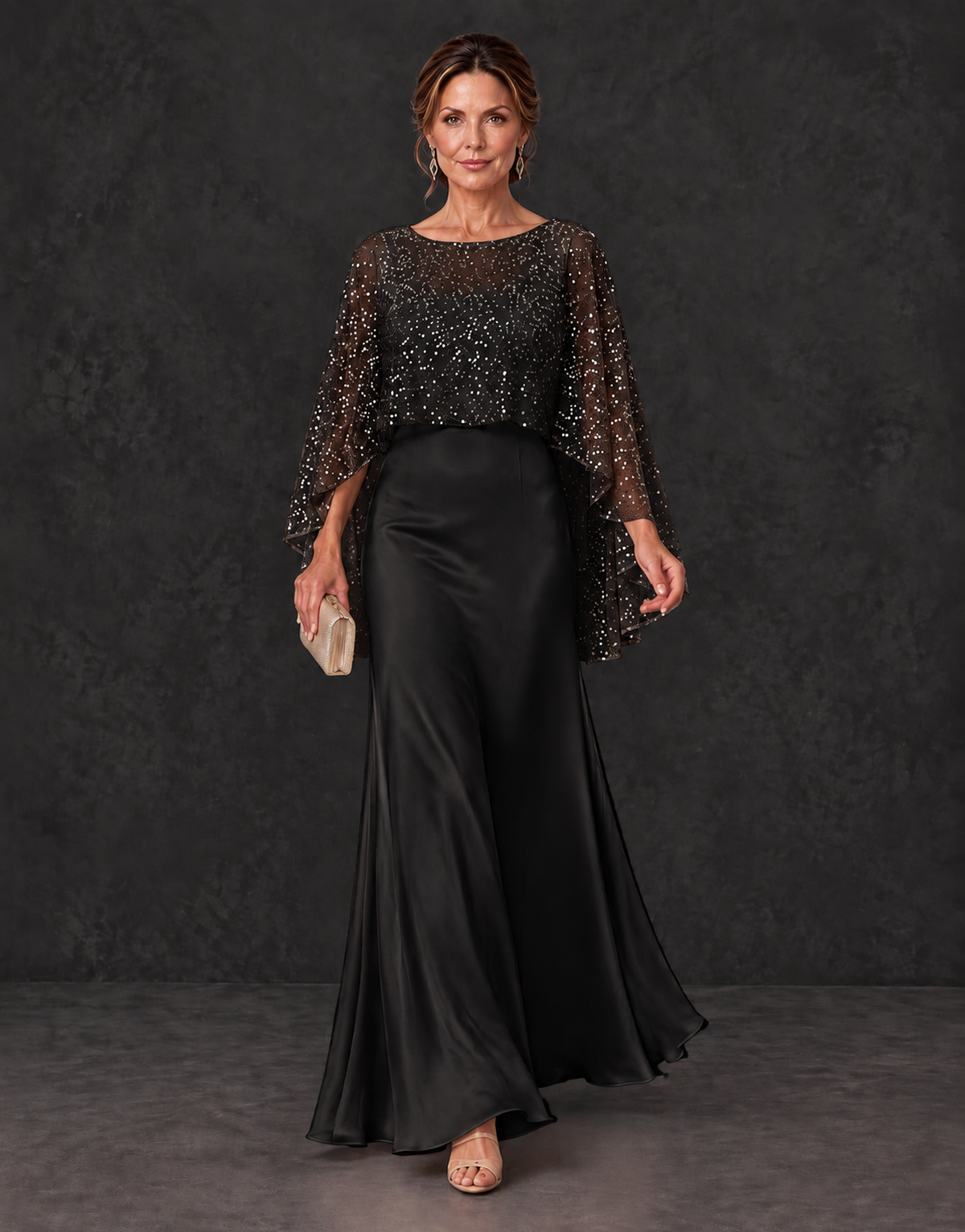 BOLODOO Black Sparkle Cape Sleeve Mother of the Bride Dress - Black - Black_4