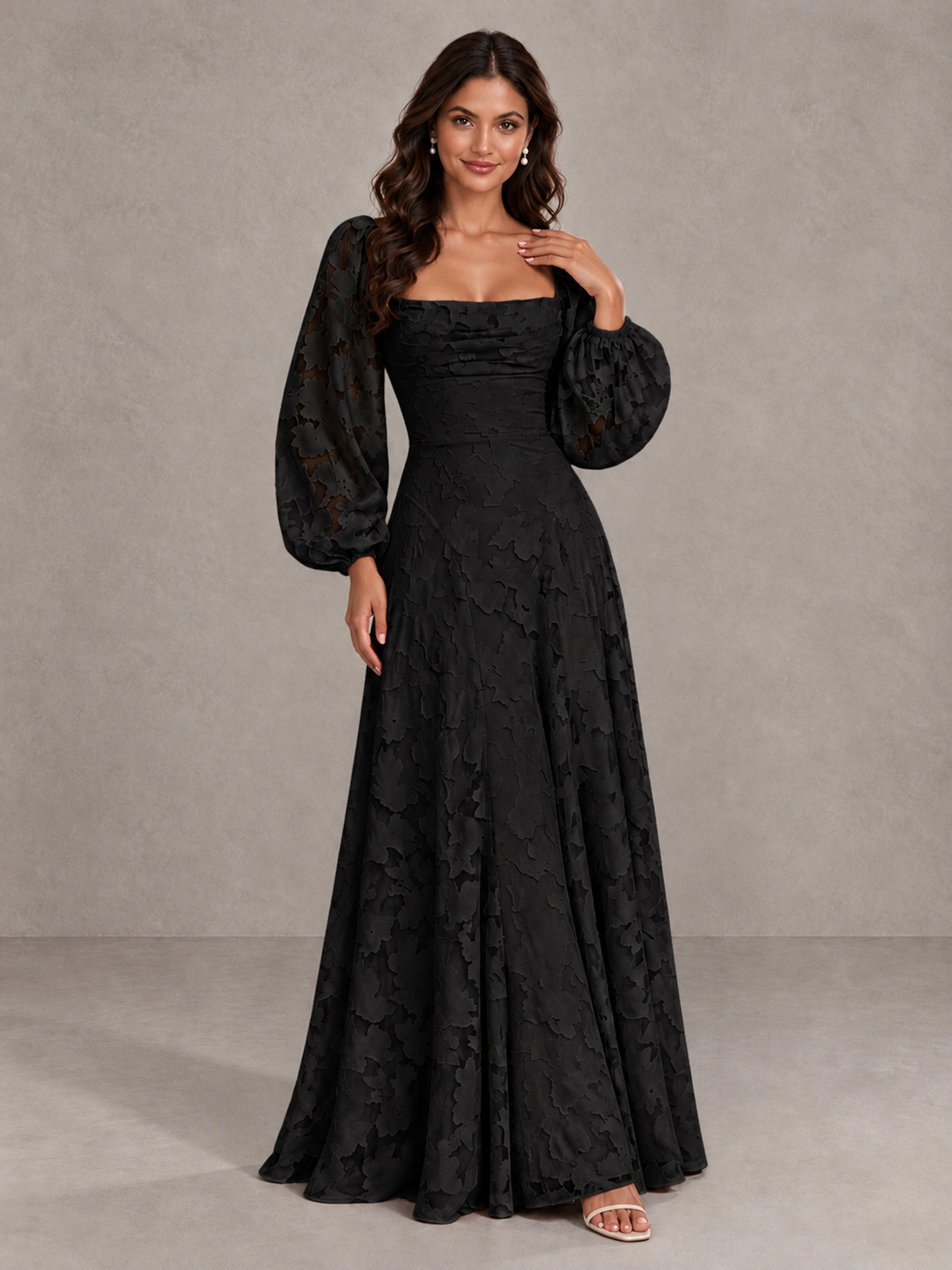 BOLODOO Black Floral Long Sleeve A-Line Bridesmaid Dress - Black - Black_4