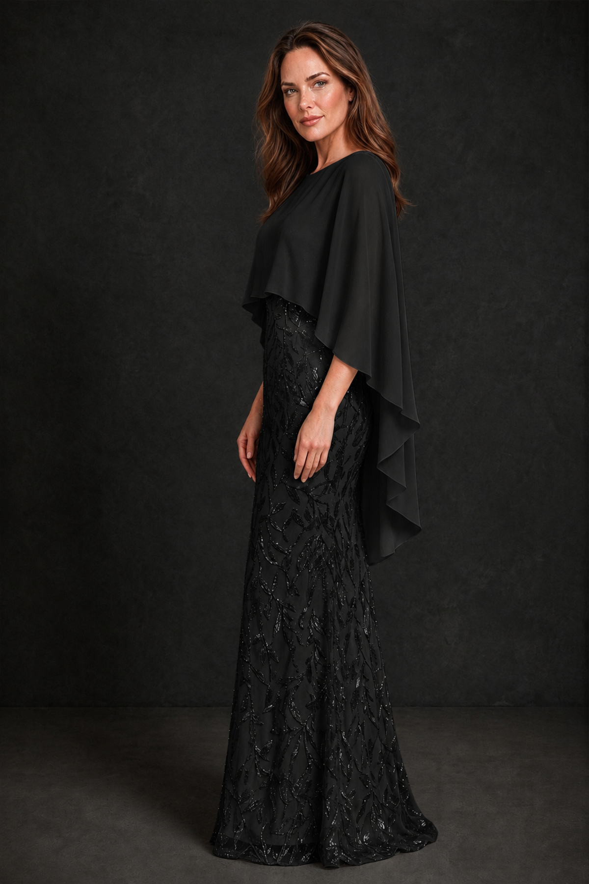 BOLODOO Black Round Neck Chiffon Cape Overlay Sequin Lace Mermaid Maxi Dress - Black - Black_4