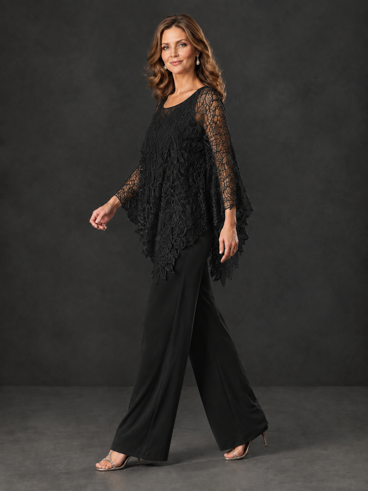BOLODOO Black Lace Overlay Wide-Leg Pantsuit for Mothers of the Bride - Black