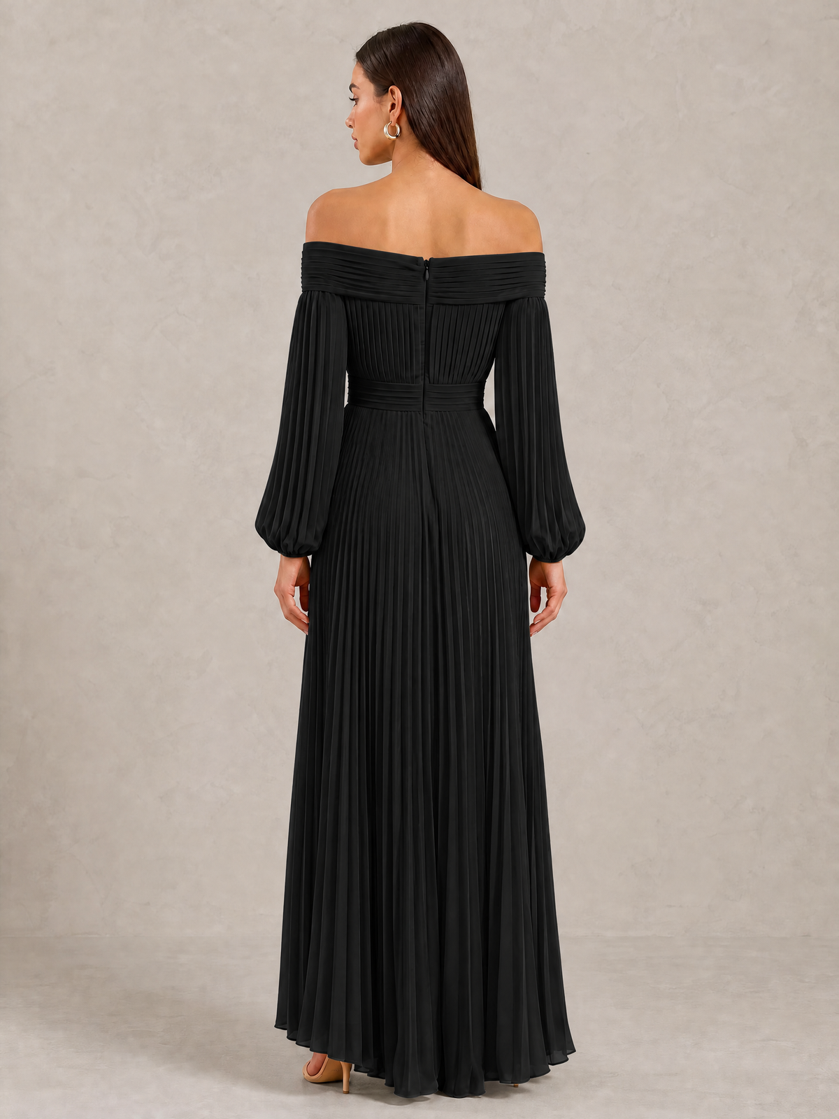 BOLODOO Black Off-Shoulder Long Sleeve Pleated High-Low Dress - Black - Black_4