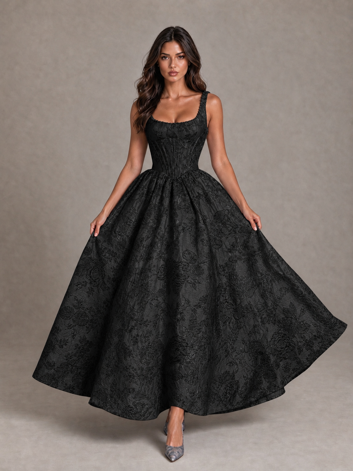 BOLODOO Black Floral Corset A-Line Prom Dress with Lace-Up Back - Black - Black_4