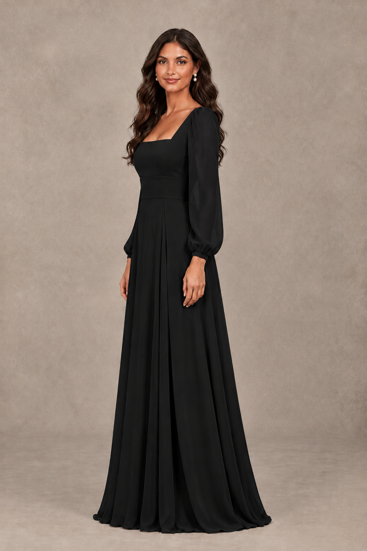 BOLODOO Black Square Neck Long Sleeve A-Line Bridesmaid Dress - Black - Black_4