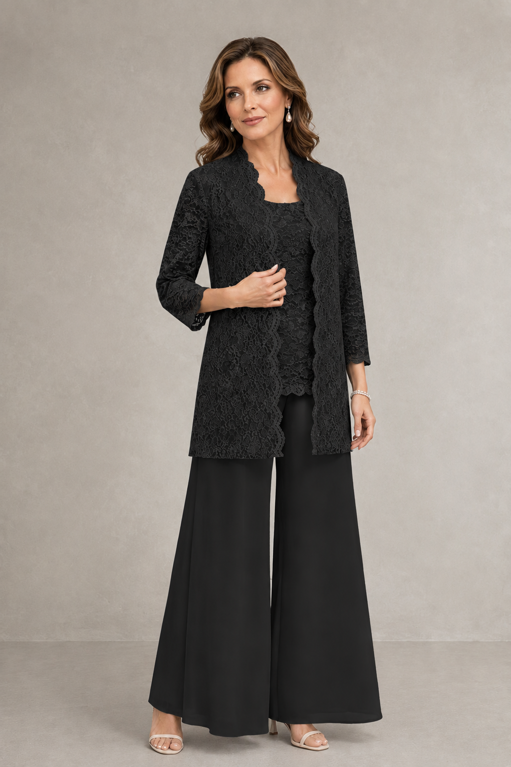 BOLODOO Black 3-Piece Lace Chiffon Pantsuit – Mother of the Bride Wedding Guest with Jacket - Black