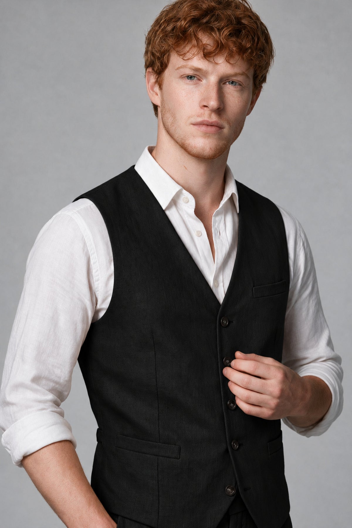 Bolodoo Men's Black 2-Piece Vest and Pants Set with V-Neck Waistcoat - Black - Black_4