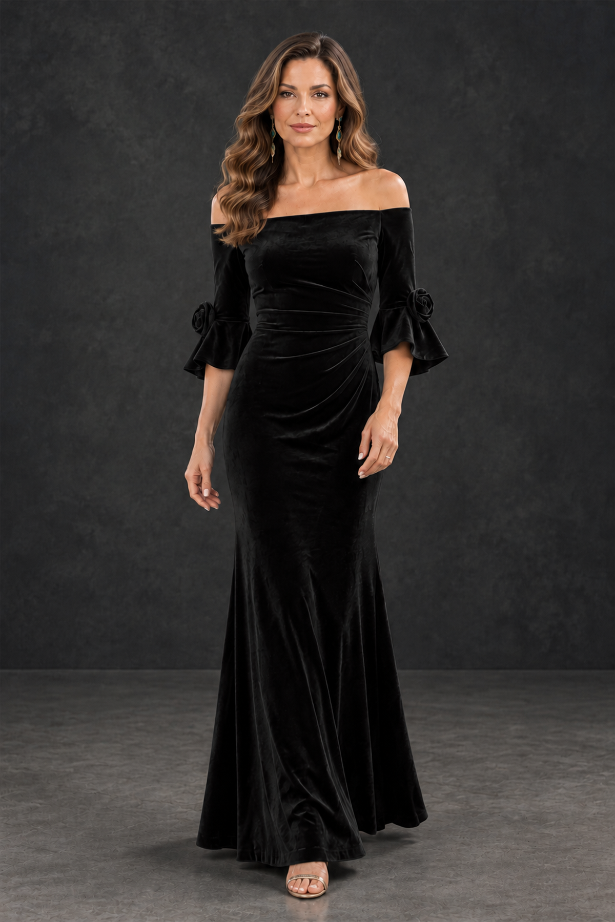 BOLODOO Black Velvet Mother of the Bride Dress with Rosette Sleeves - Black - Black_4