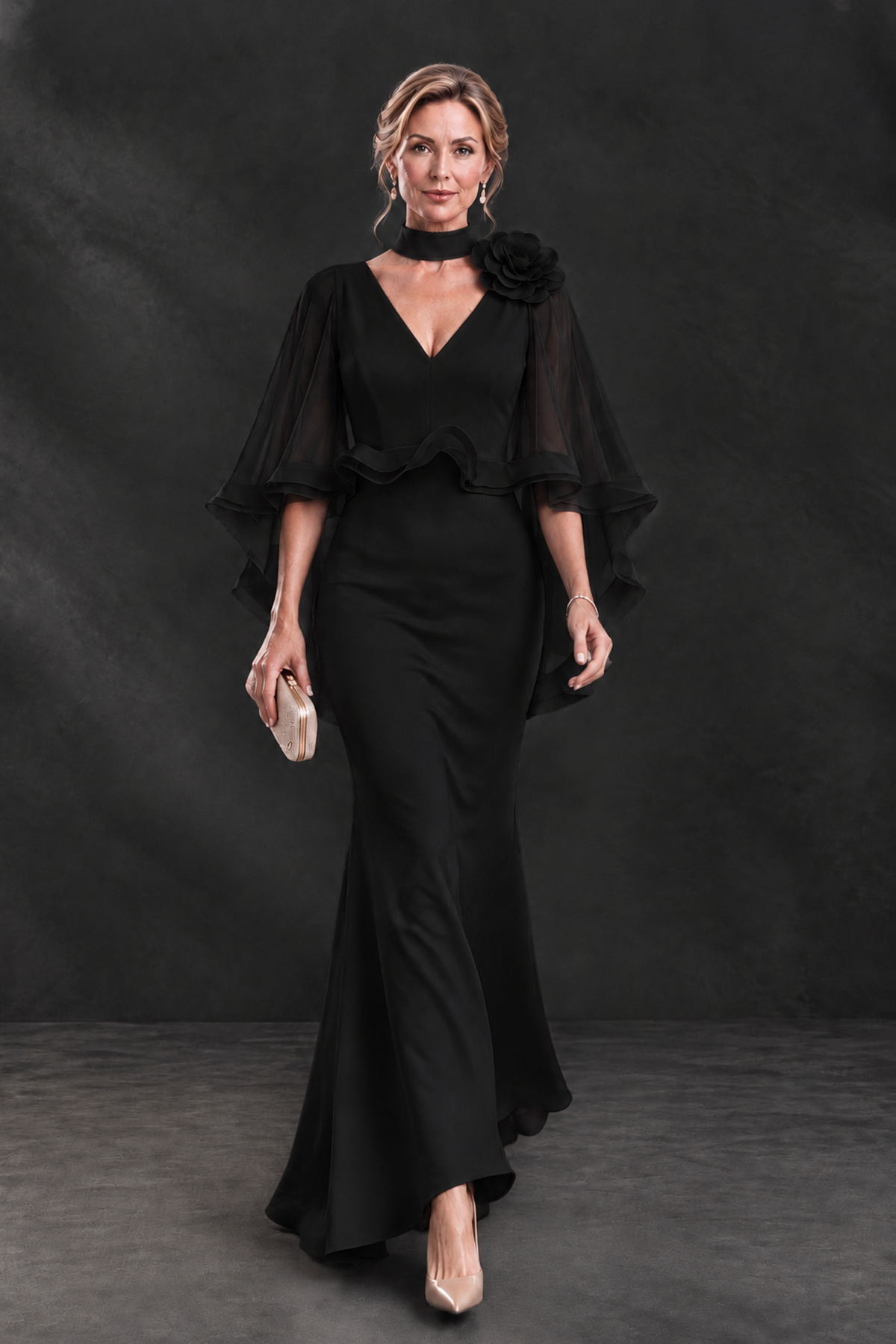 BOLODOO Black Floral Cape Sleeve Mother of the Bride Dress - Black - Black_4
