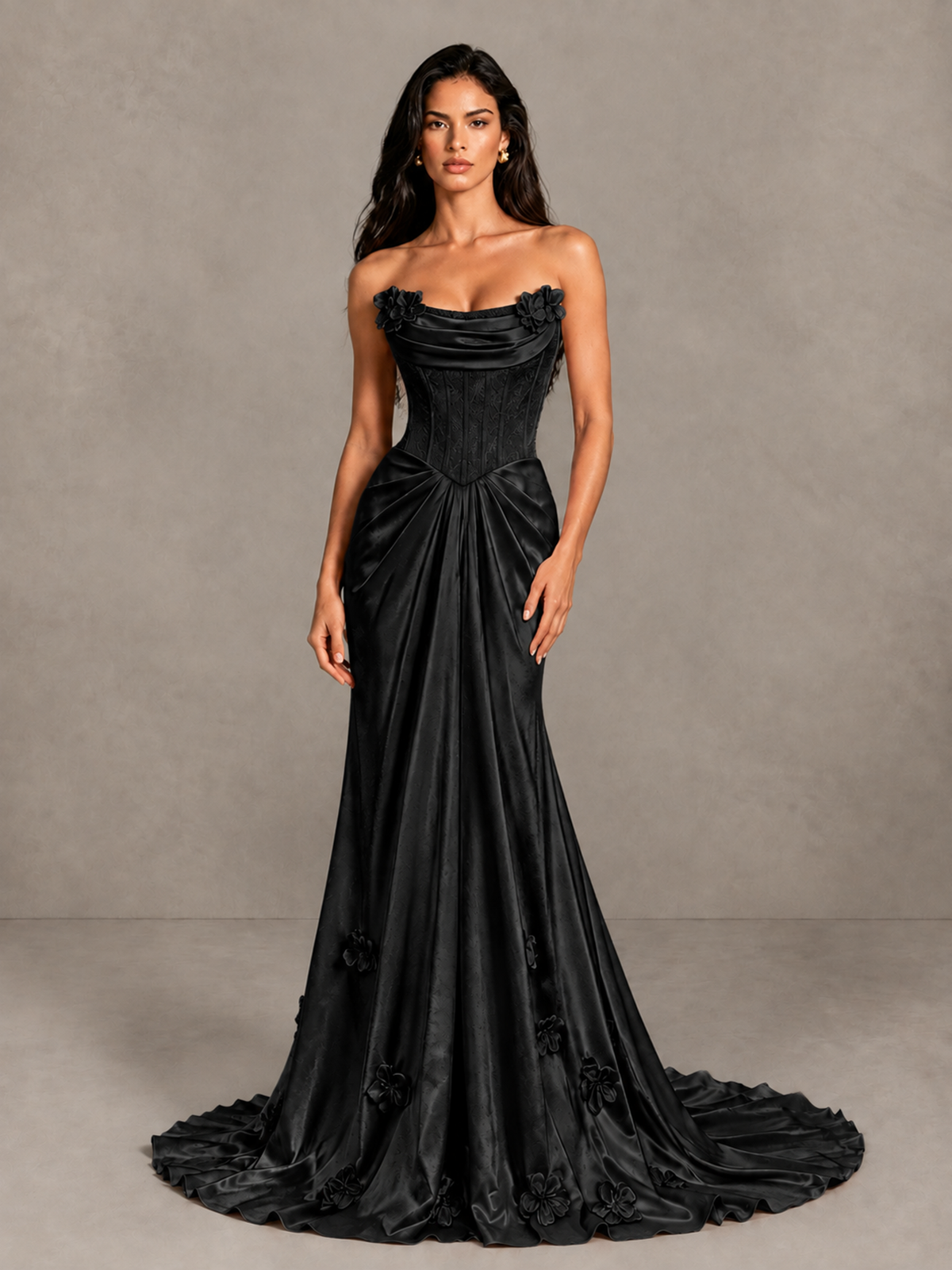 BOLODOO Black Strapless Floral Corset Evening Gown with Train - Black - Black_4