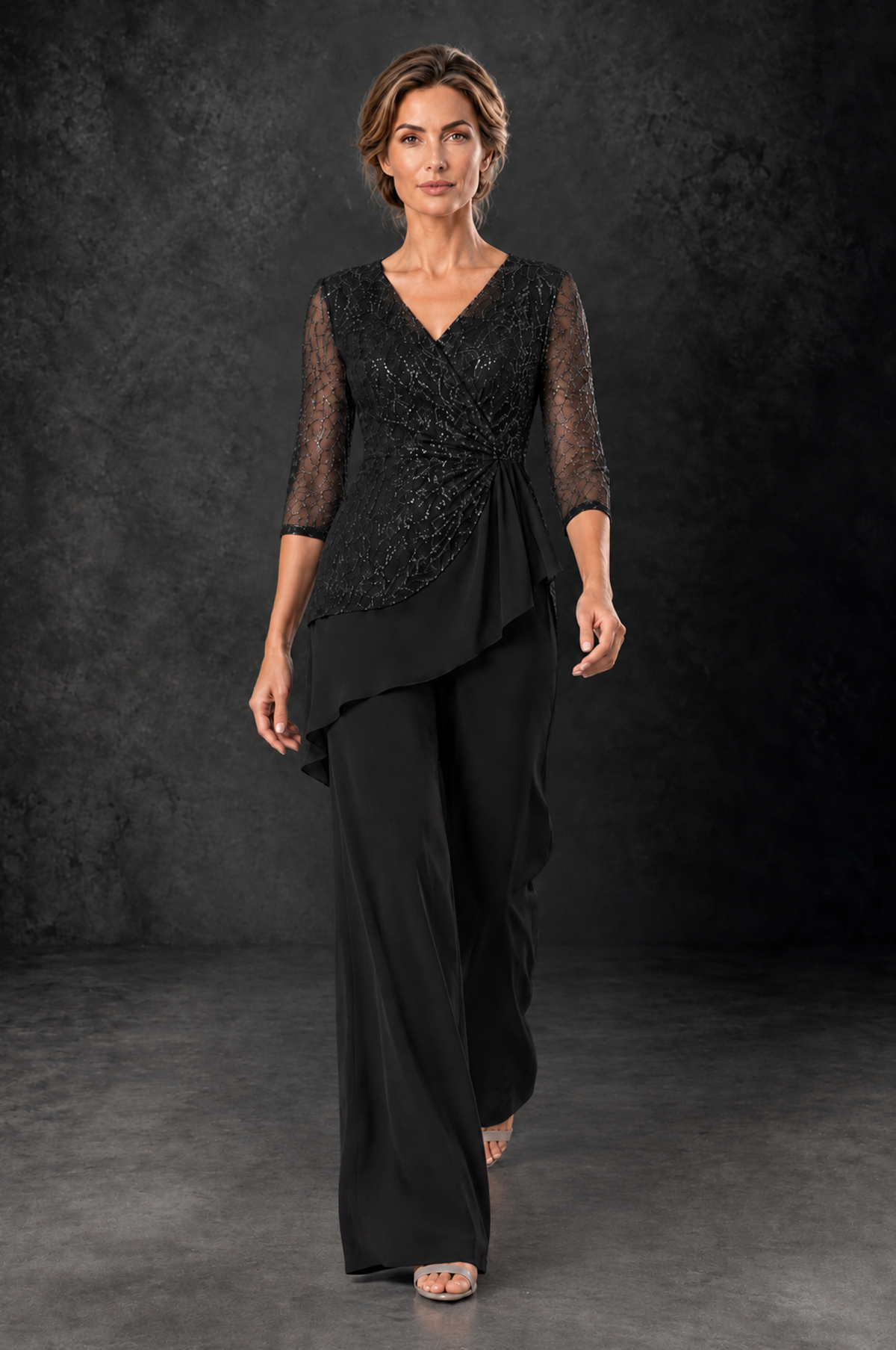 BOLODOO Black Sequin Lace 3/4 Sleeve Chiffon Mother of the Bride Pant Suit - Black - Black_4