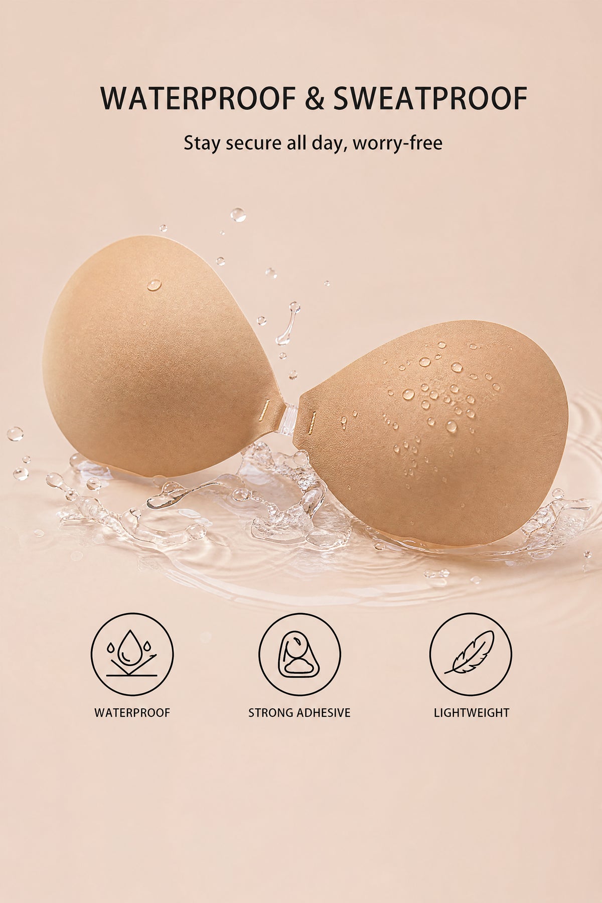 BOLODOO Invisible Adhesive Push-Up Bra - Strapless Backless Reusable Sticky Bra, Beige - Mocha Black - Black