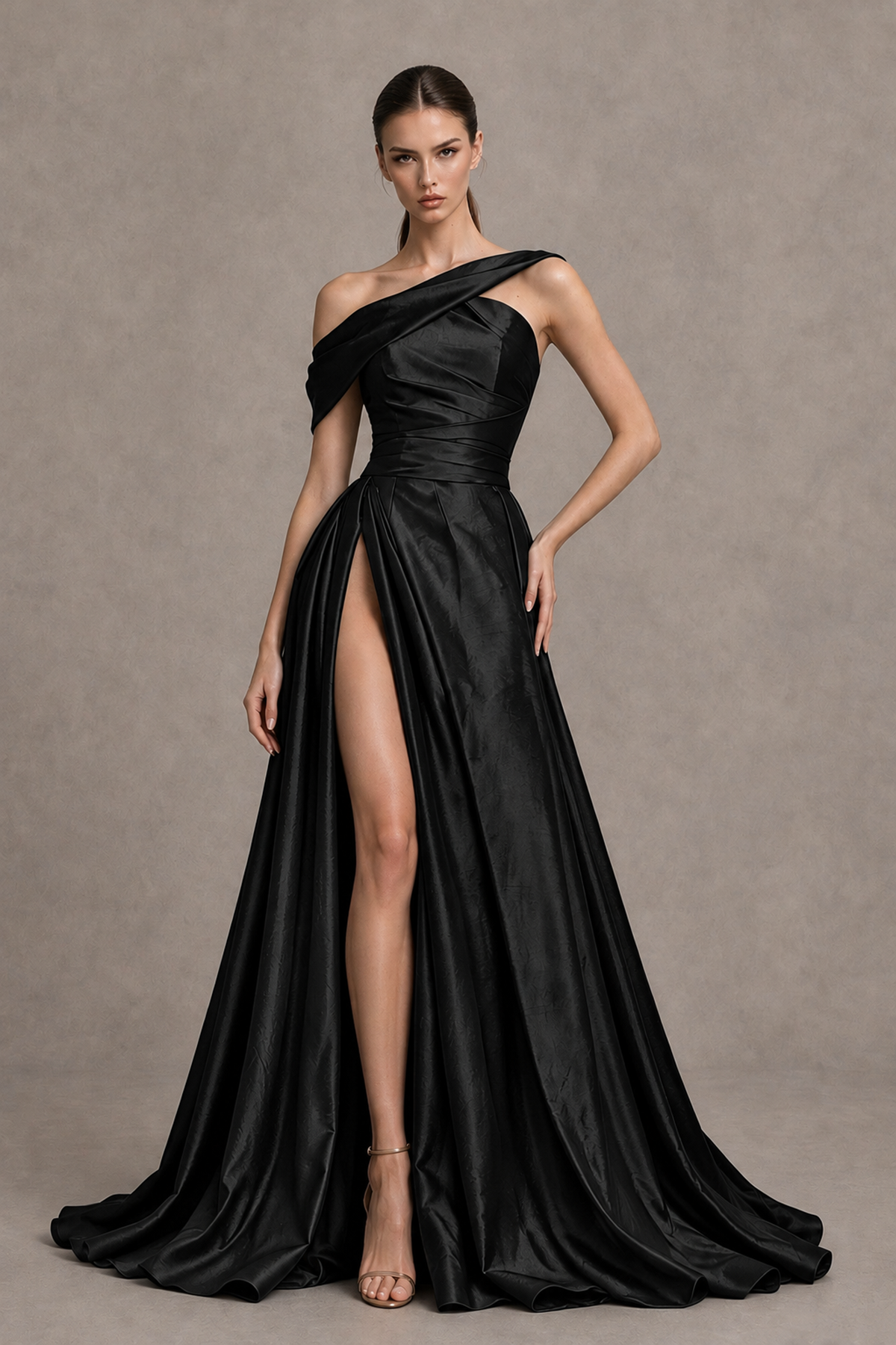 BOLODOO Black Asymmetric Satin-Look A-Line Prom Dress with High Slit - Black - Black_5