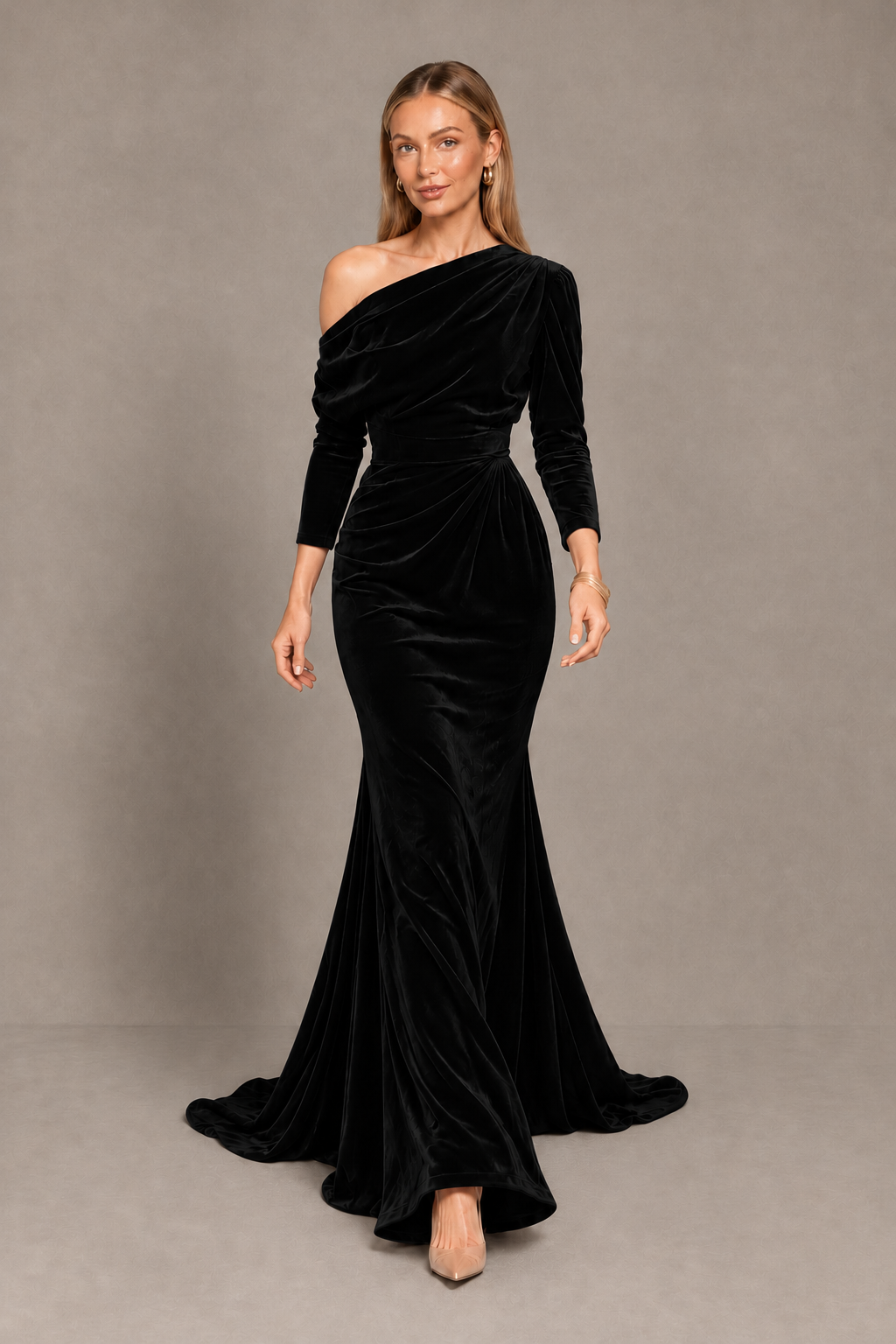 BOLODOO Black Velvet Asymmetric Neck Mermaid Evening Dress - Black - Black_5