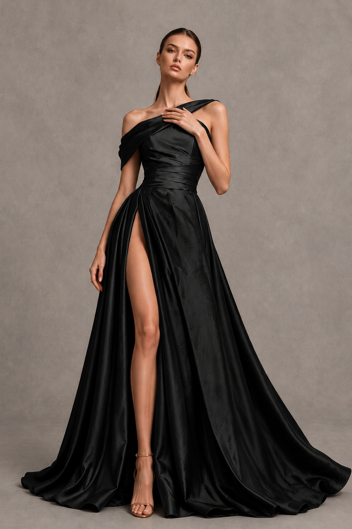 BOLODOO Black Asymmetric Satin-Look A-Line Prom Dress with High Slit - Black - Black_7