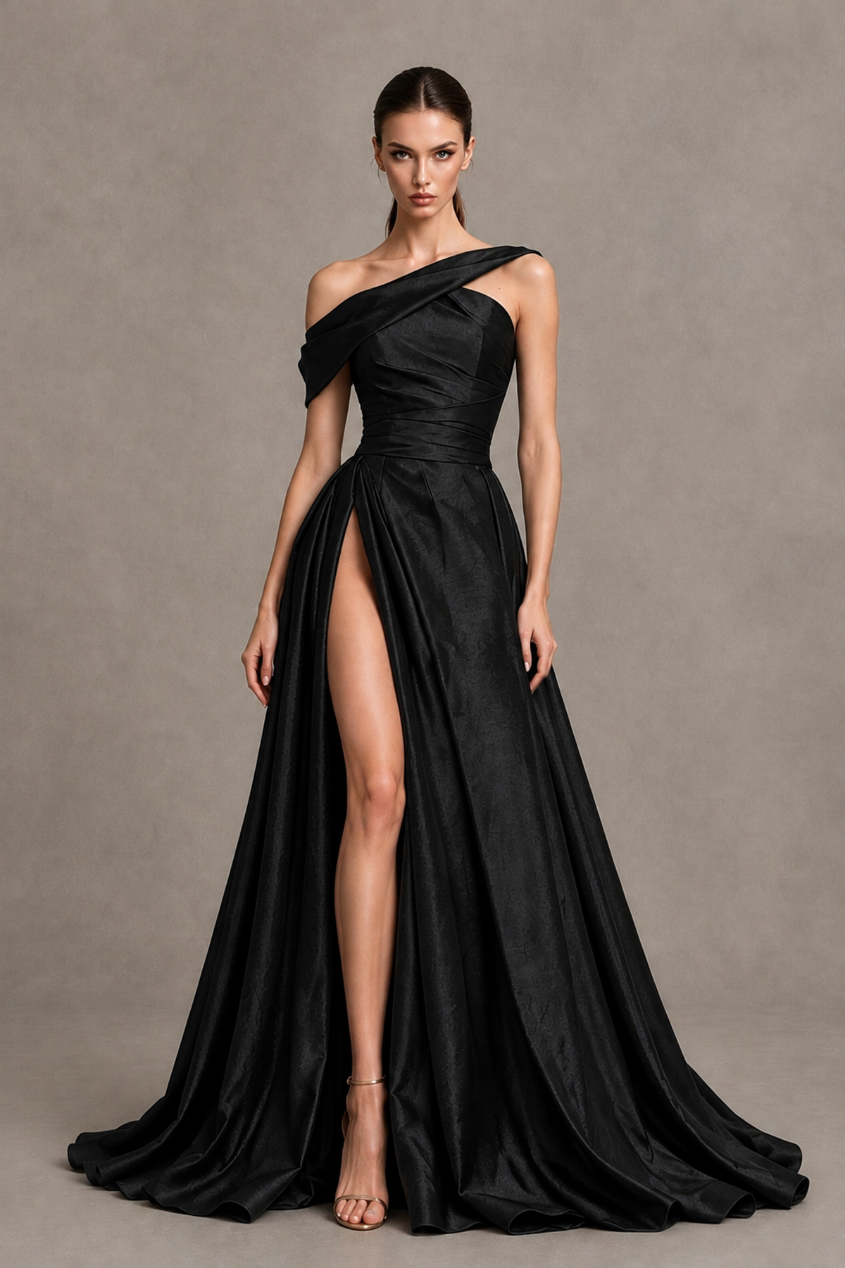 BOLODOO Black Asymmetric Satin-Look A-Line Prom Dress with High Slit - Black - Black_8
