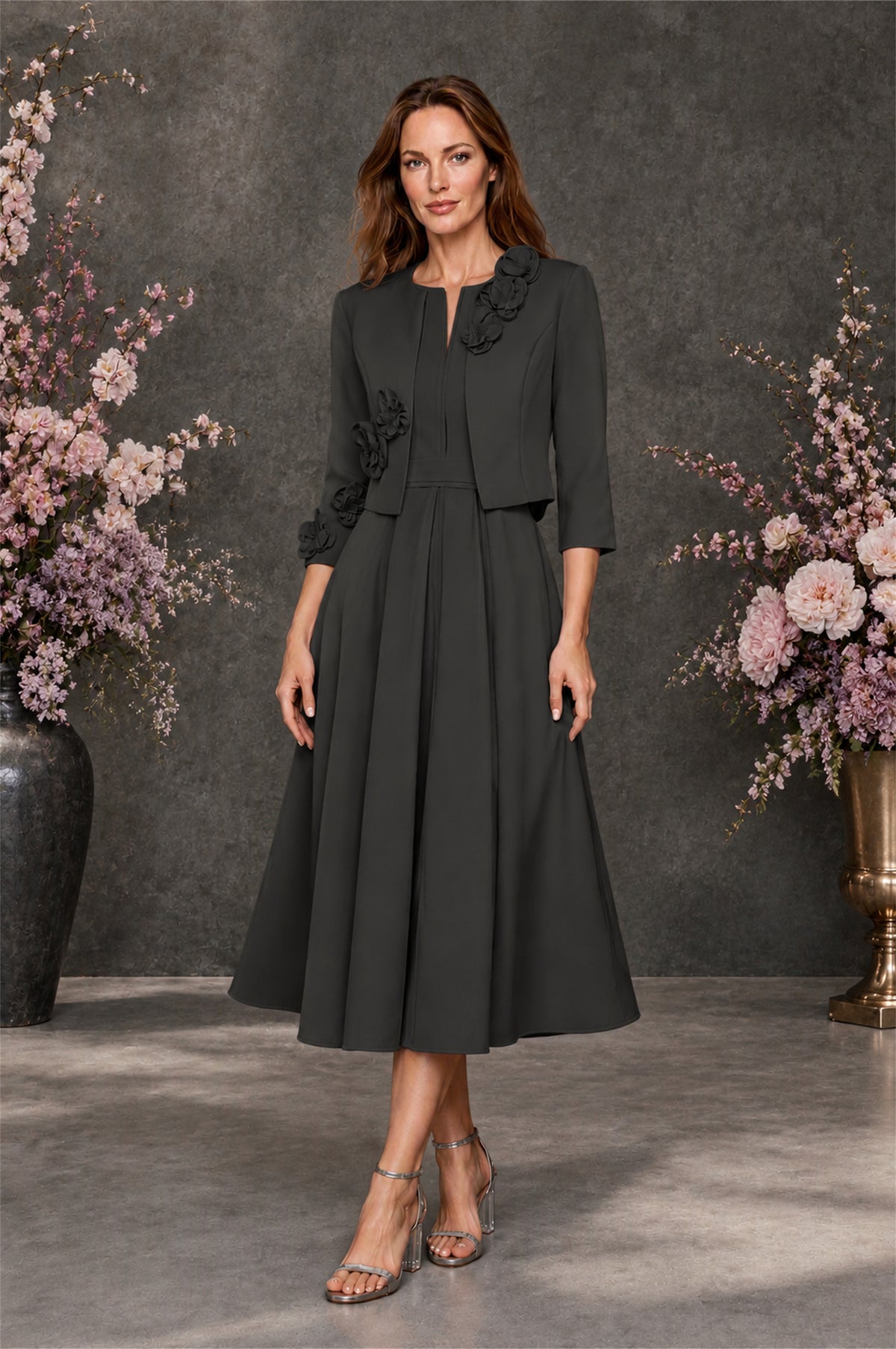 BOLODOO Black 3D Rosette Appliqué 3/4 Sleeve Jacket & V-Notch Sleeveless A-Line Tea-Length Two-Piece Dress Set - Black