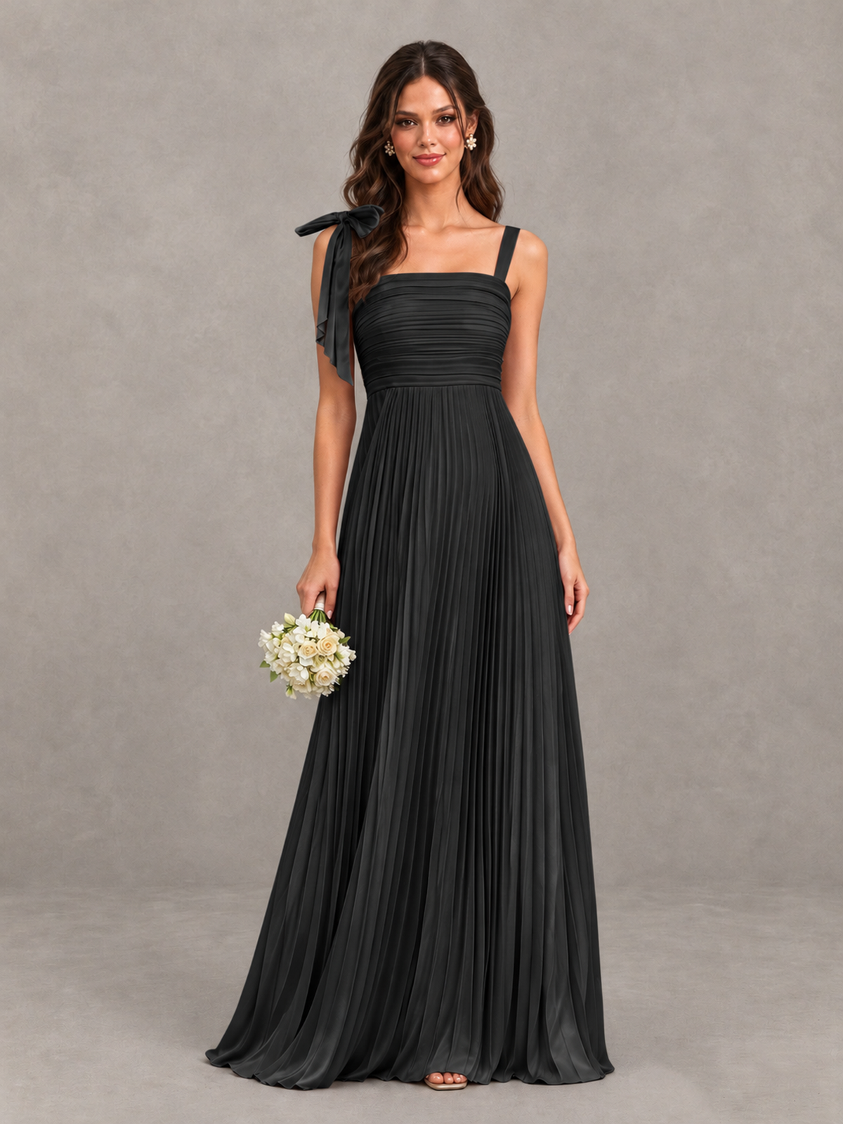 BOLODOO Black Pleated Bow-Strap Bridesmaid Maxi Dress - Black - Black (1)