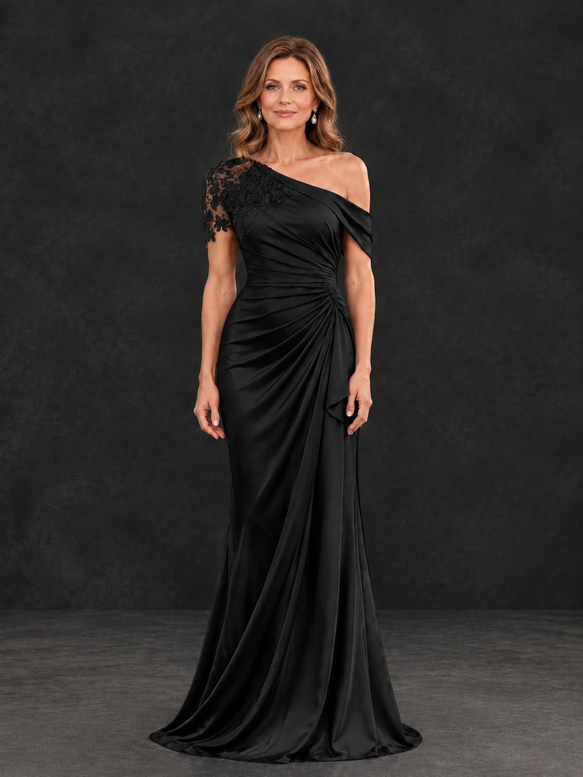 BOLODOO Black Asymmetric Satin Mother of the Bride Dress with Lace Sleeve - Black - Black (1)