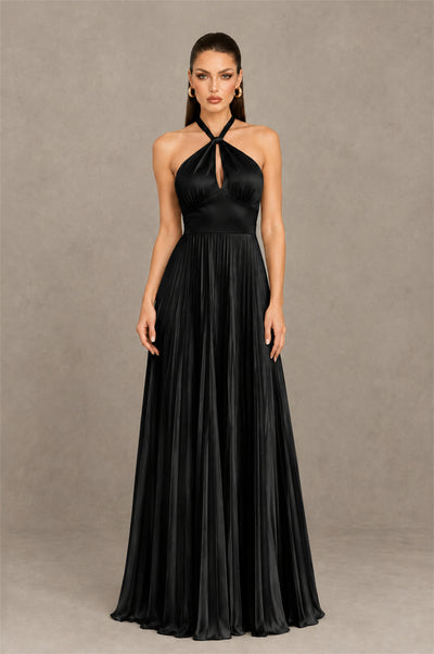 BOLODOO Black Halter Pleated A-Line Evening Dress - Black