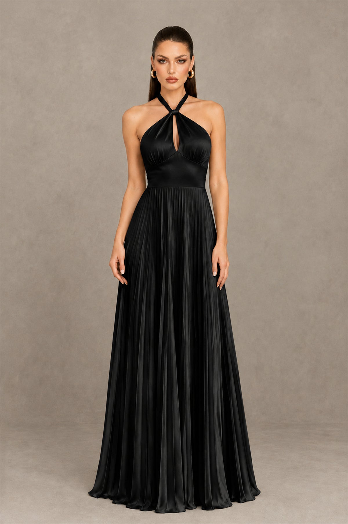 BOLODOO Black Halter Pleated A-Line Evening Dress - Black