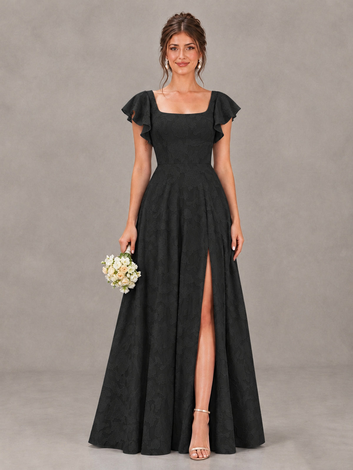 BOLODOO Black Floral Flutter Sleeve Bridesmaid Dress with Slit - Black - Black (1)