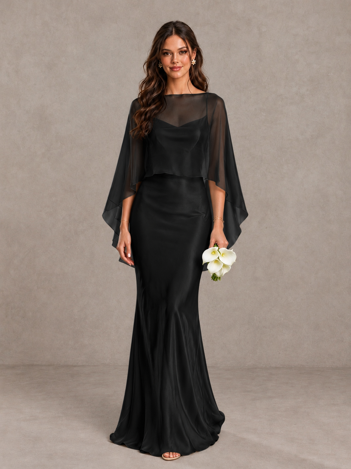 BOLODOO Black Satin Mermaid Bridesmaid Dress with Chiffon Cape - Black - Black (1)