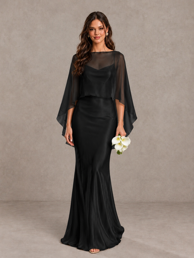 BOLODOO Black Satin Mermaid Bridesmaid Dress with Chiffon Cape - Black - Black (1)