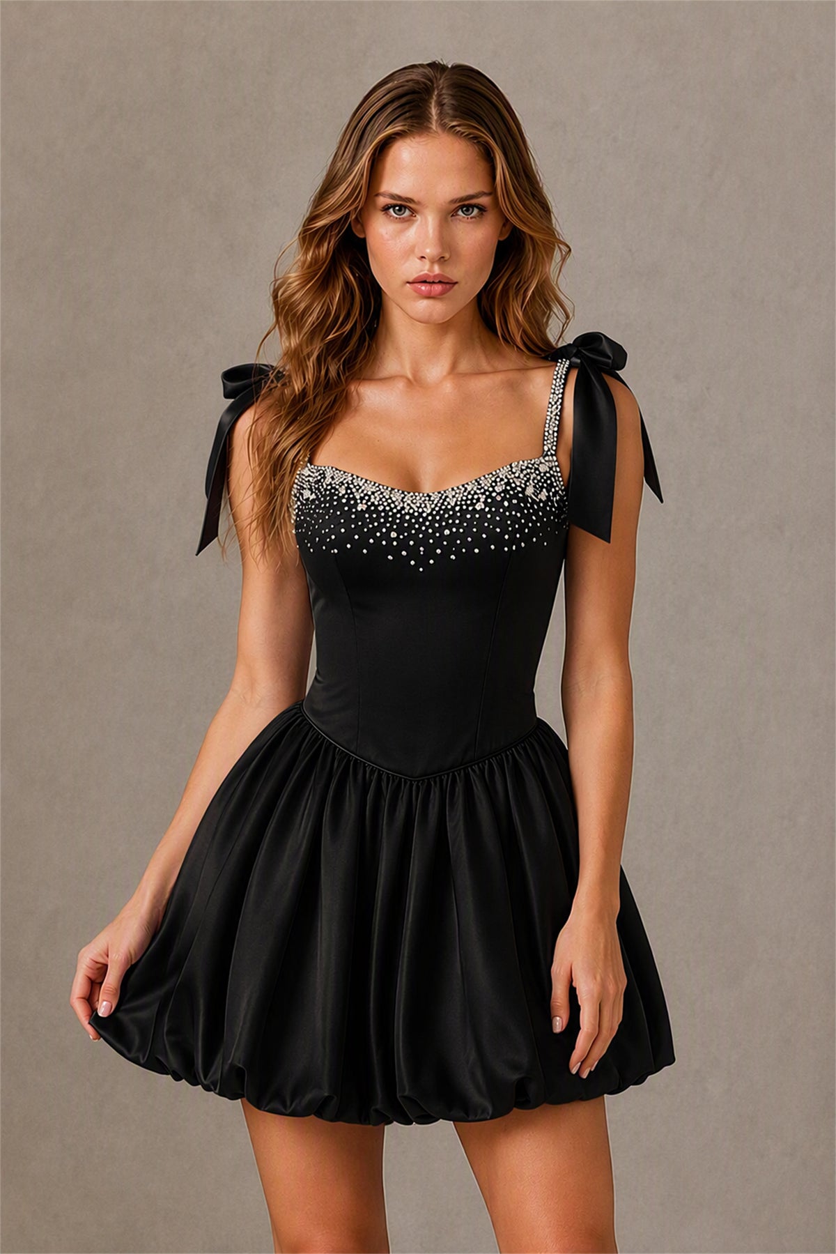 BOLODOO Black Satin Pearl Embellished Sweetheart Bow Strap Bubble Hem Mini Dress | Cocktail Prom Homecoming Dress - Black