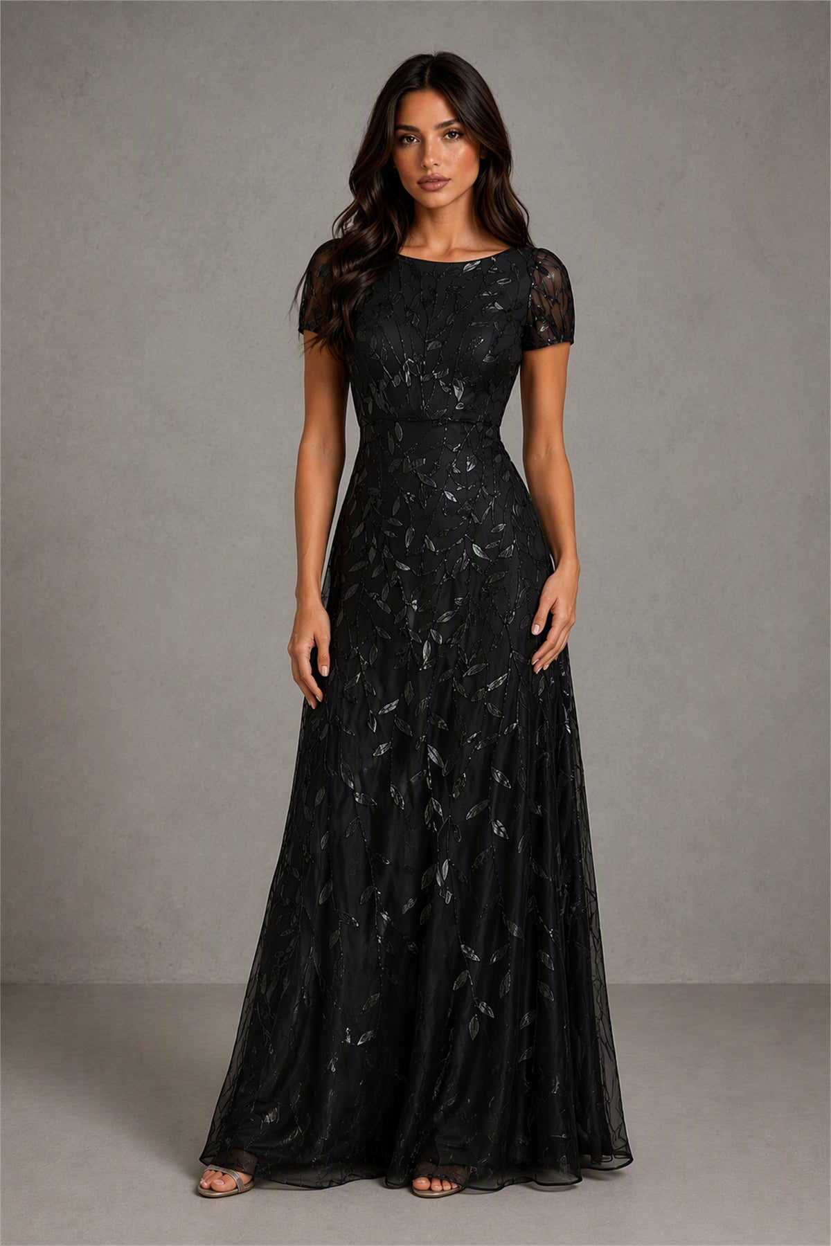 BOLODOO Black Leaf Embroidered A-Line Formal Gown with Cap Sleeves - Black
