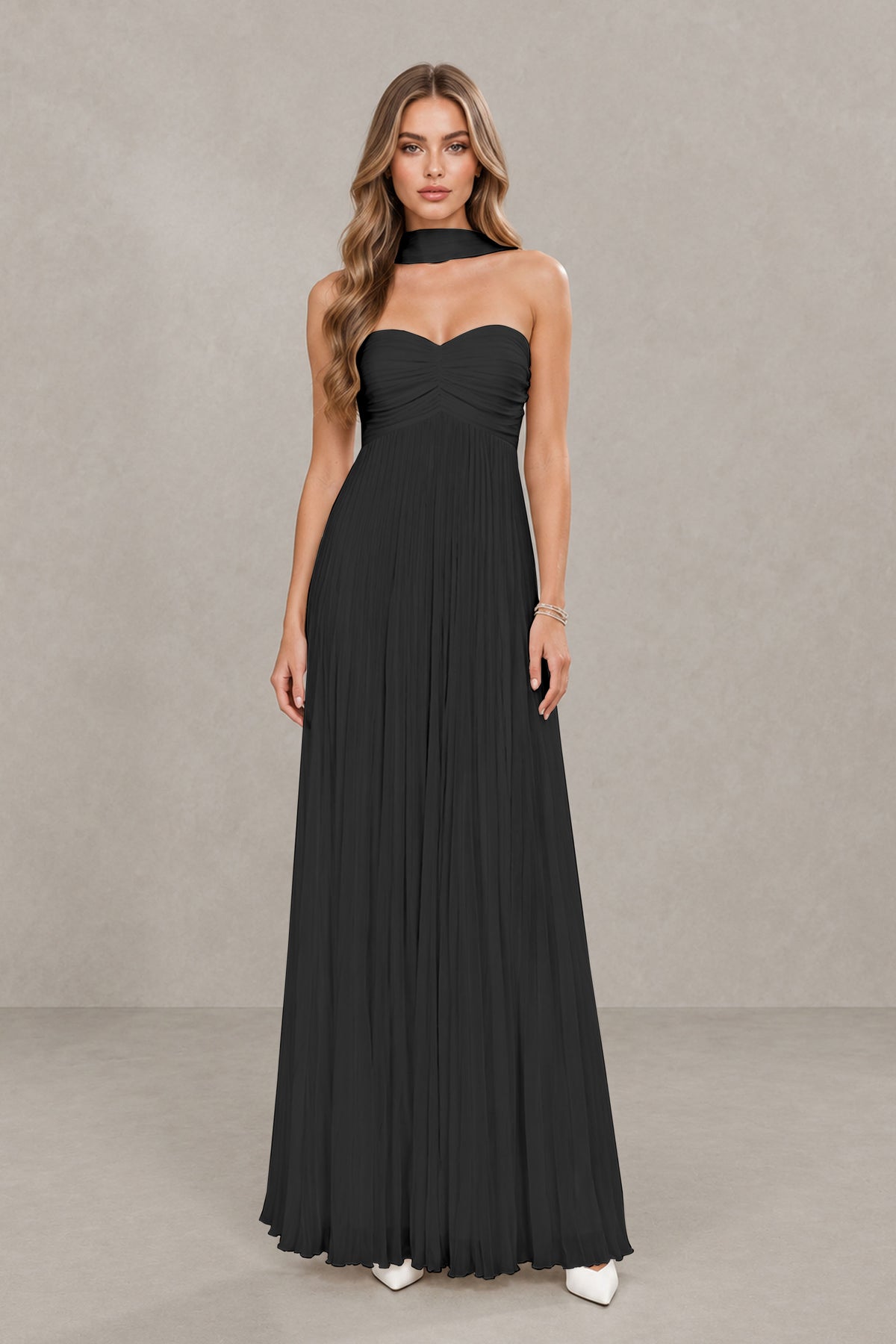 BOLODOO Black Strapless Chiffon-Look Maxi Dress with Lace-Up Back & Cape - Black