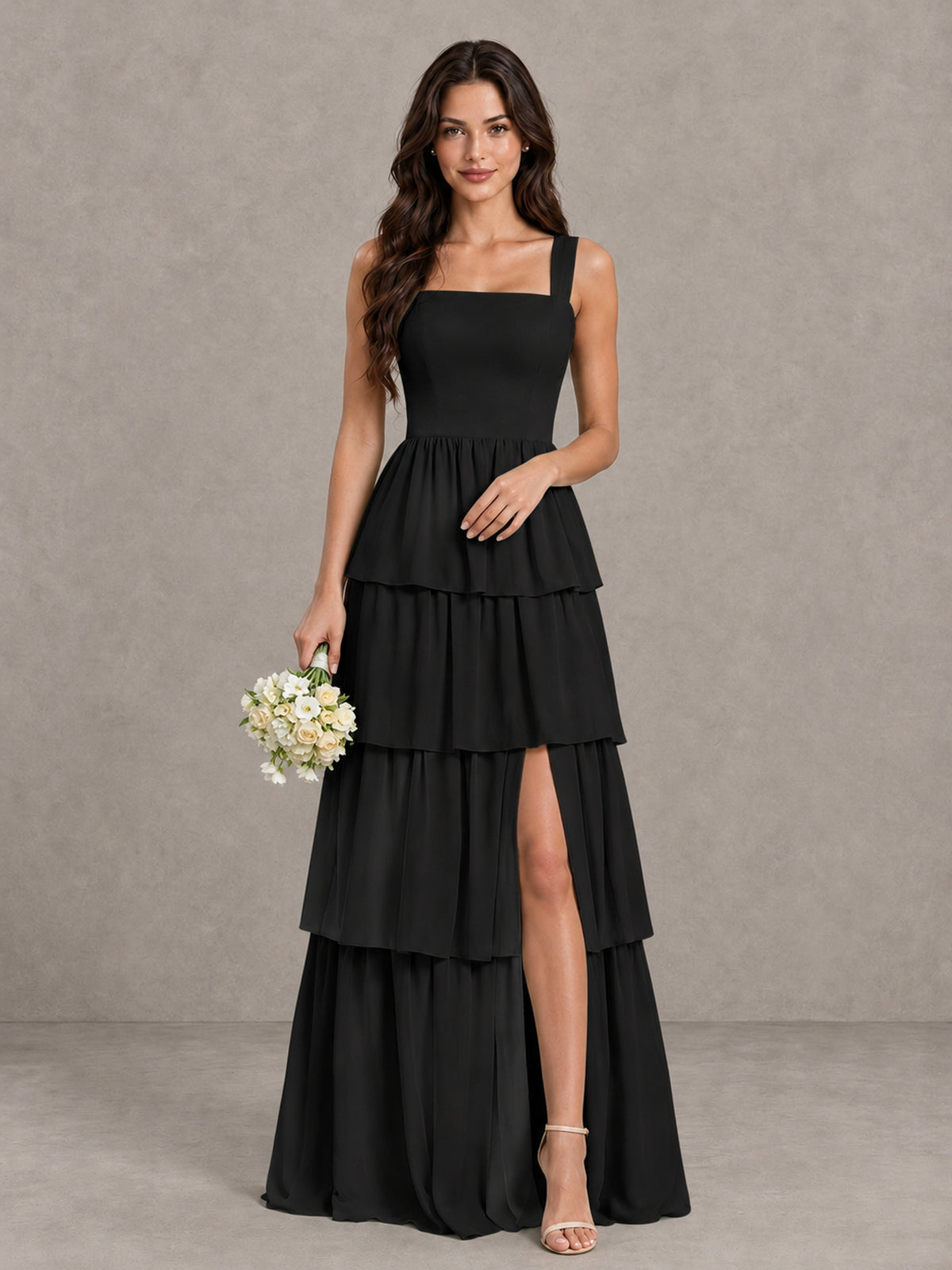 BOLODOO Black Square Neck Tiered Bridesmaid Dress with Slit - Black - Black (1)