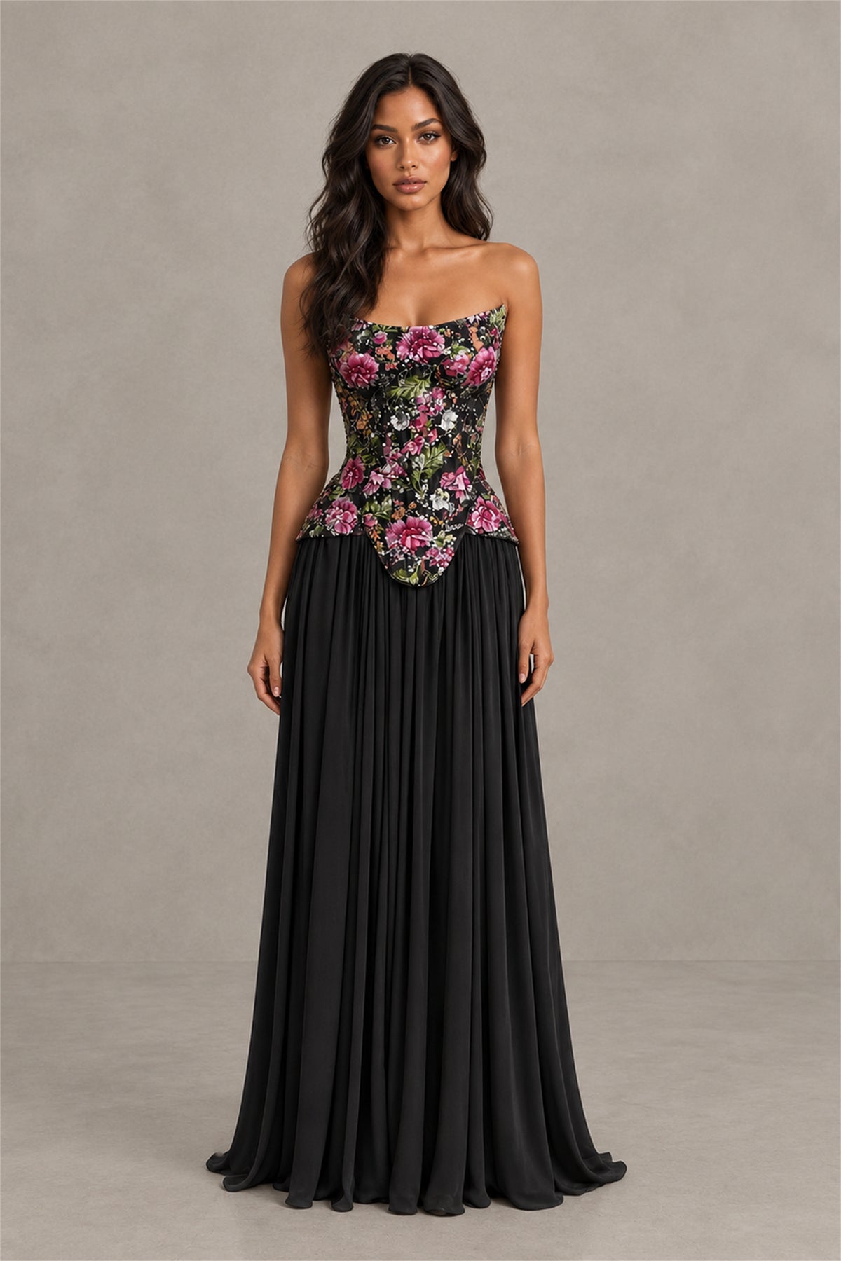 BOLODOO Black Strapless Floral Beaded Chiffon Maxi Dress - Black
