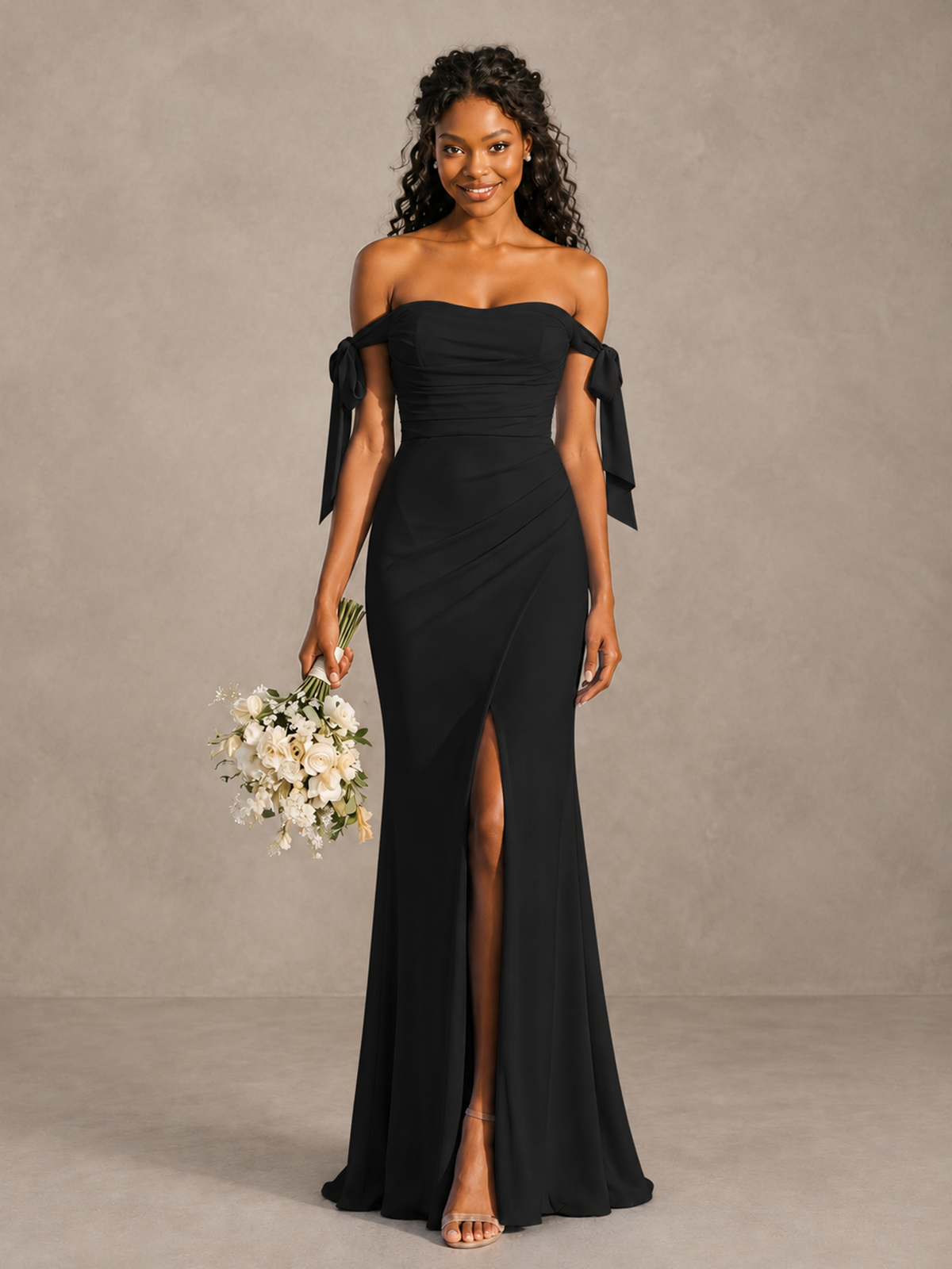 Black Off-Shoulder Bow Bridesmaid Dress with Slit - Black - Black (1)