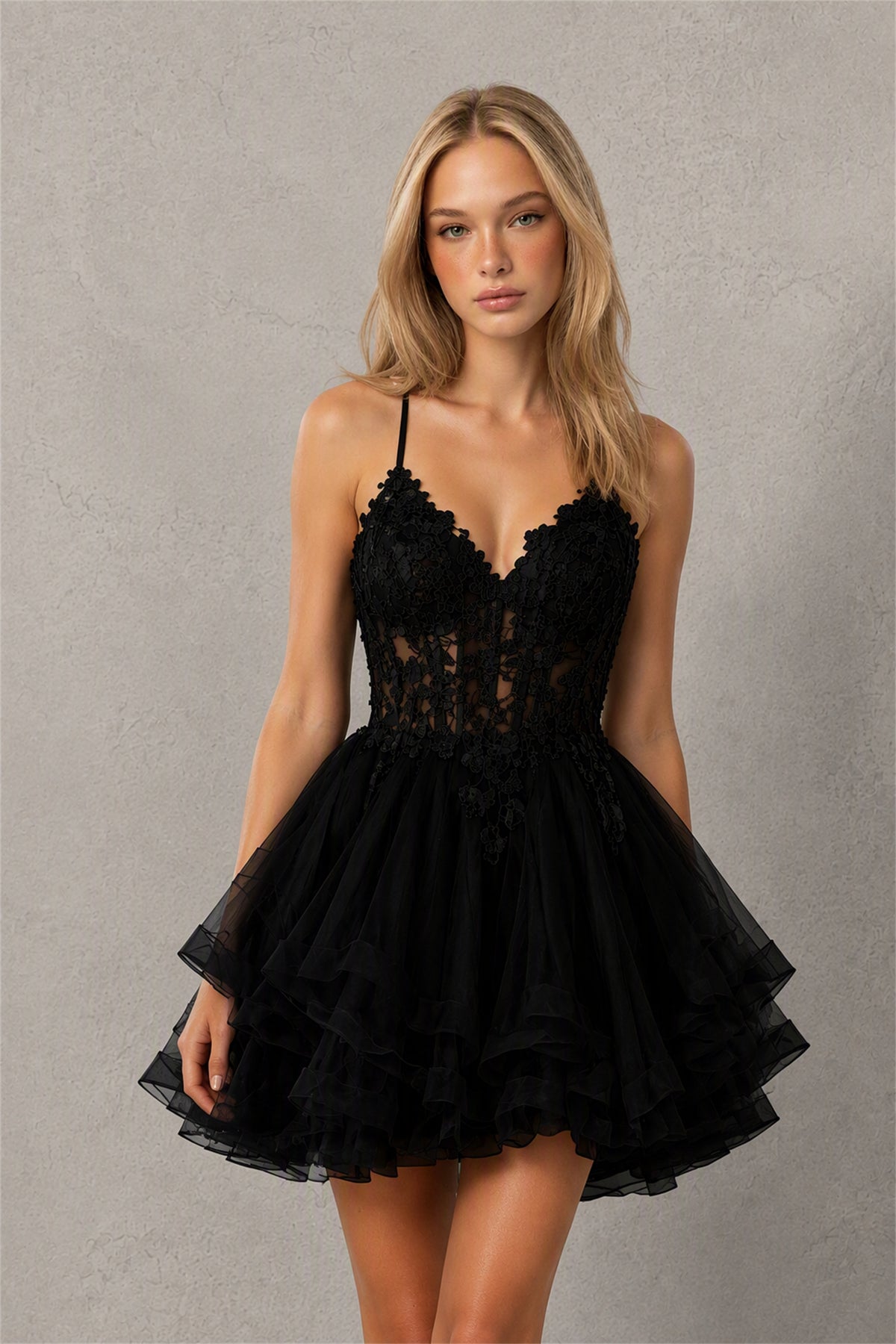 BOLODOO Black 3D Floral Lace Corset Deep V Spaghetti Strap Tiered Tulle Mini Dress - Black